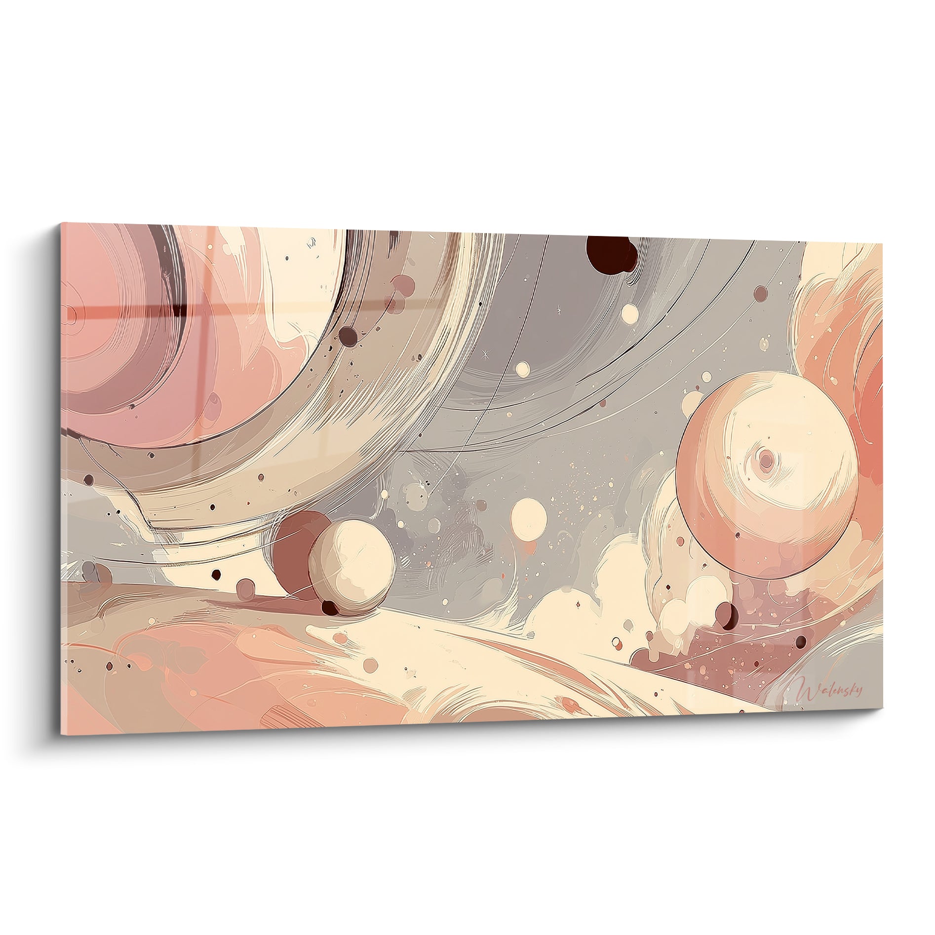 Sphères roses et grises flottant dans un espace onirique, traits fins et teintes poudrées