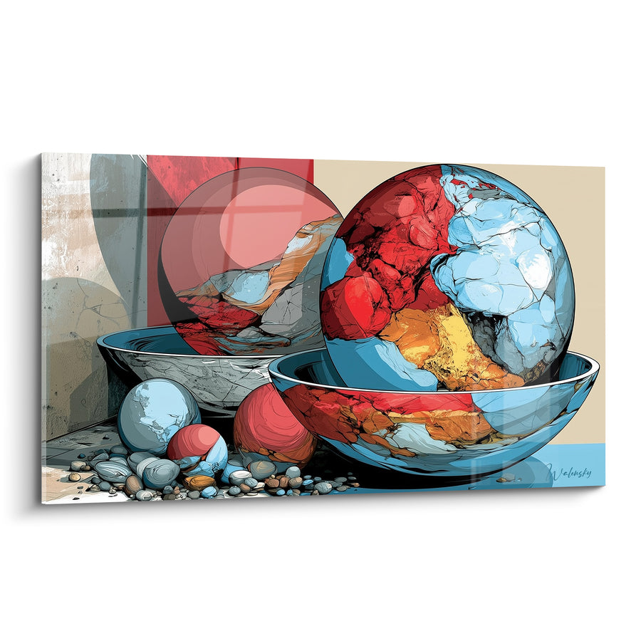 Gemälde Mineralische Kugeln Rot und Blau in Schalen - Fragmente eines Planeten - Künstlerische Edition abstrakt