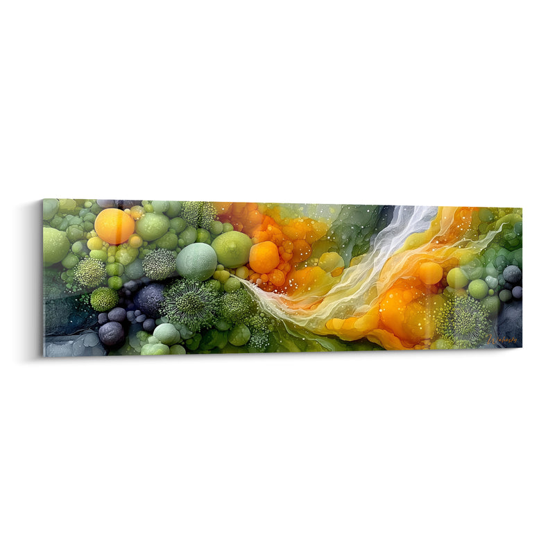Tableau Sphères vertes et orangées en fusion - Éclosion organique - Edition Artistique abstrait