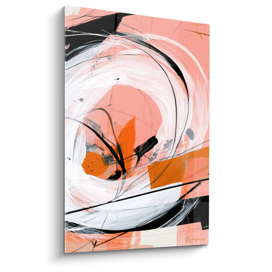 White and Coral Spiral Painting with Black Strokes - Lateral Safran Rectangle - Artistic Edition Abstract