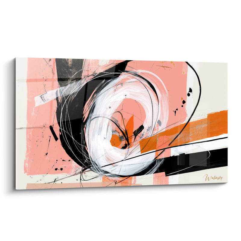 Tableau Cercle blanc et saumon aux éclaboussures noires - Lignes fouettées orange - Edition Artistique abstrait
