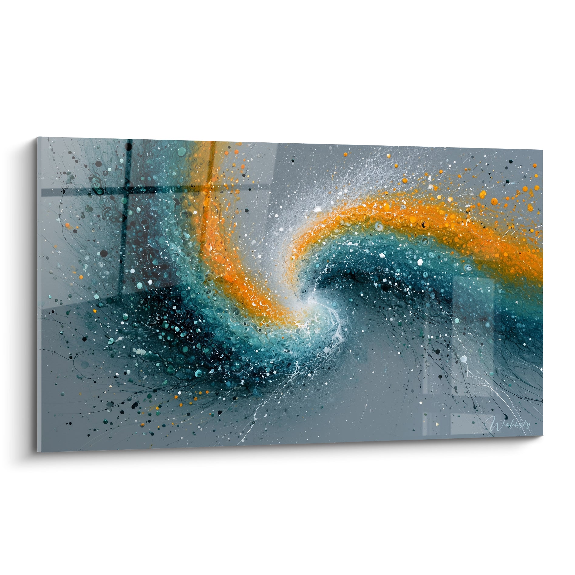 Spirale bleu sarcelle et orange vif d'un tableau artistique abstrait sur fond gris texturé