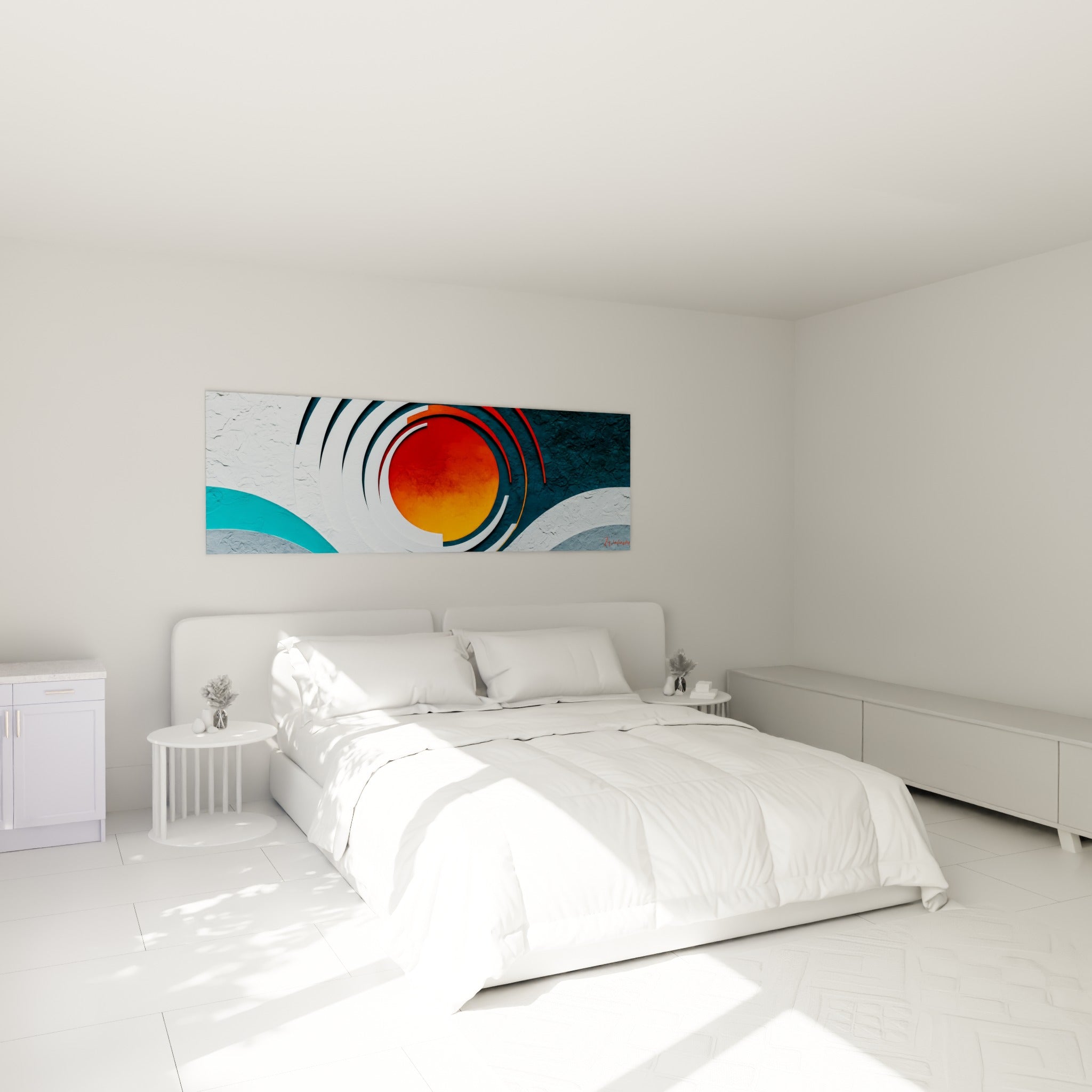 Spirale bleu pétrole et orange incandescent accrochée au-dessus d'un lit dans une chambre claire