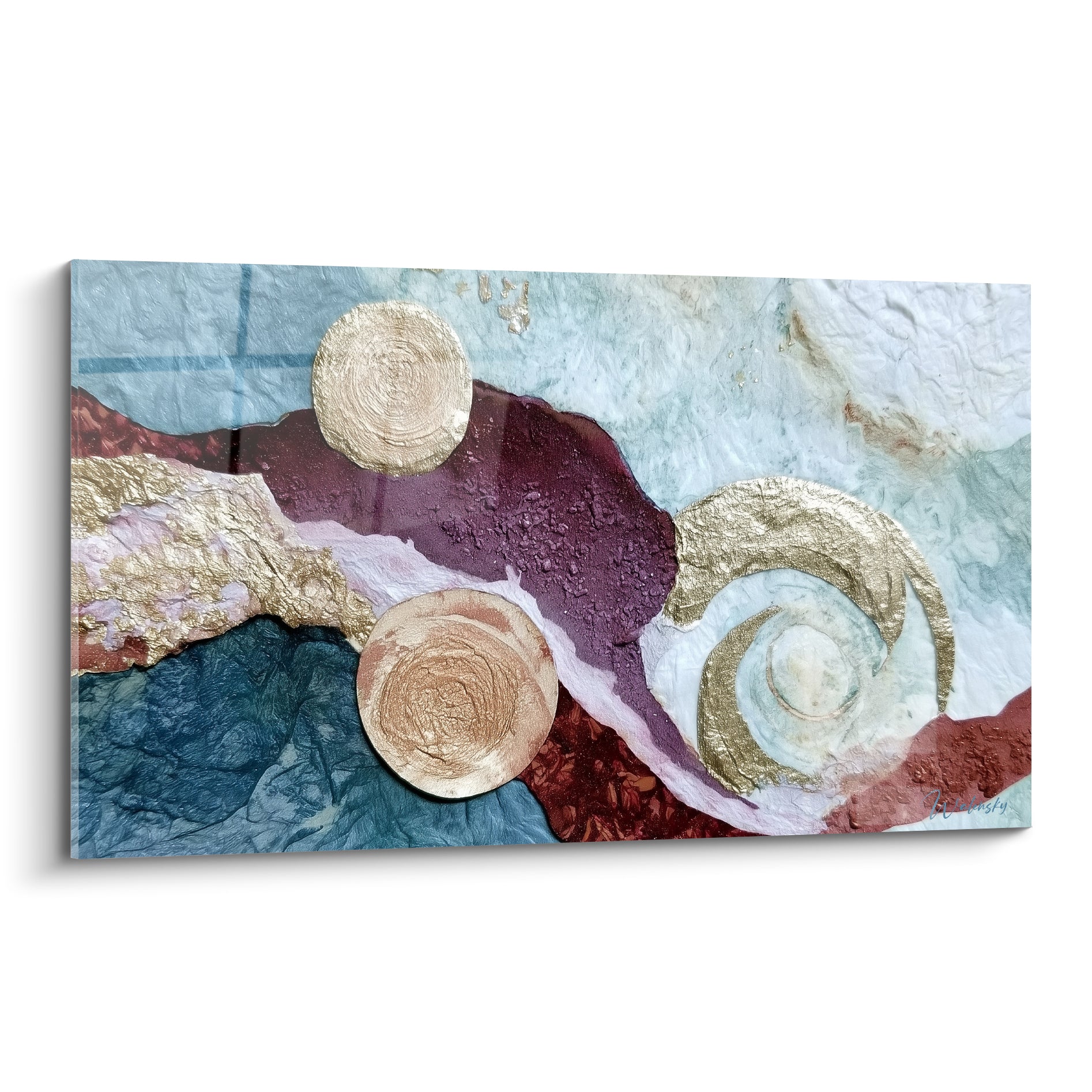 Spirale dorée en relief sur fond bleu marine et prune texturé, tableau artistique abstrait