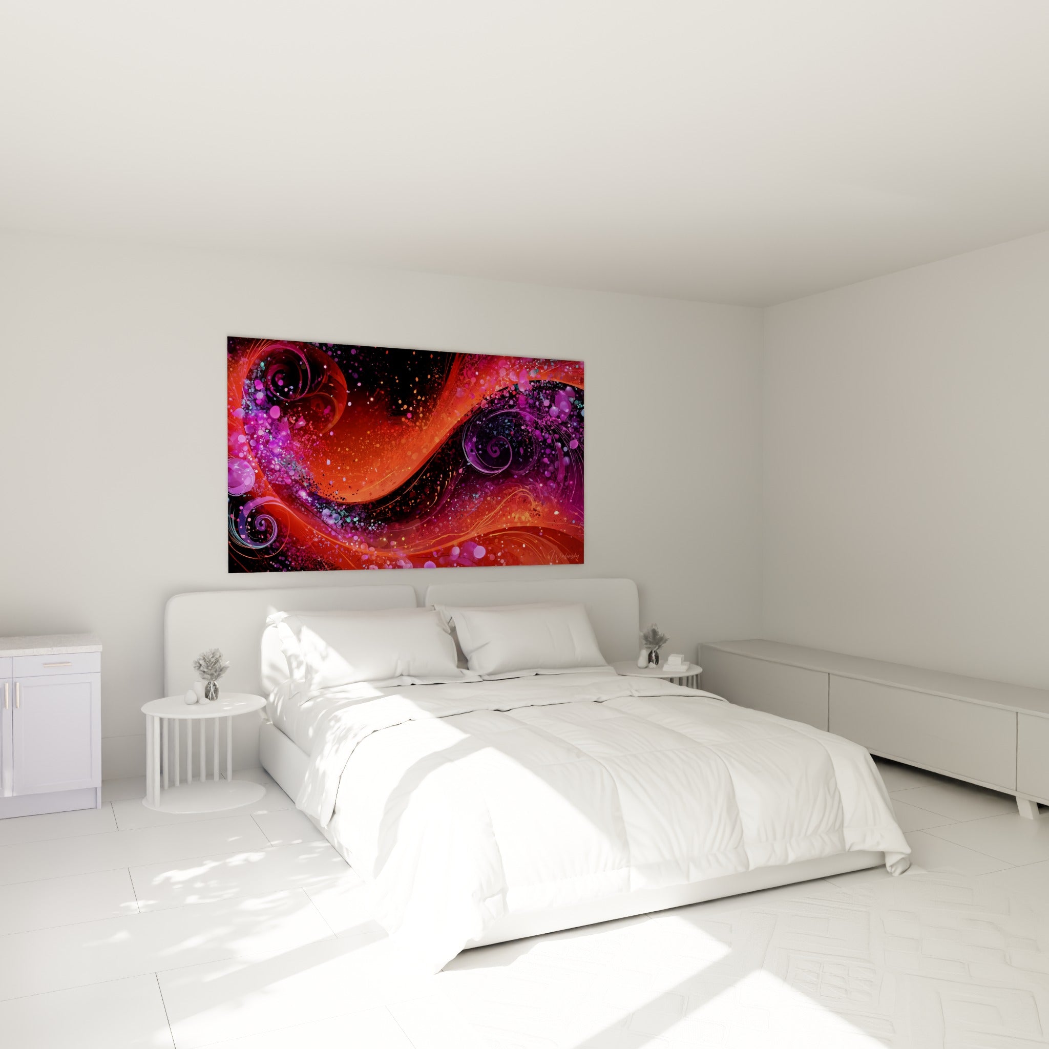 Volutes orange et violet magenta de ce tableau artistique abstrait, au-dessus d'un lit dans une chambre claire