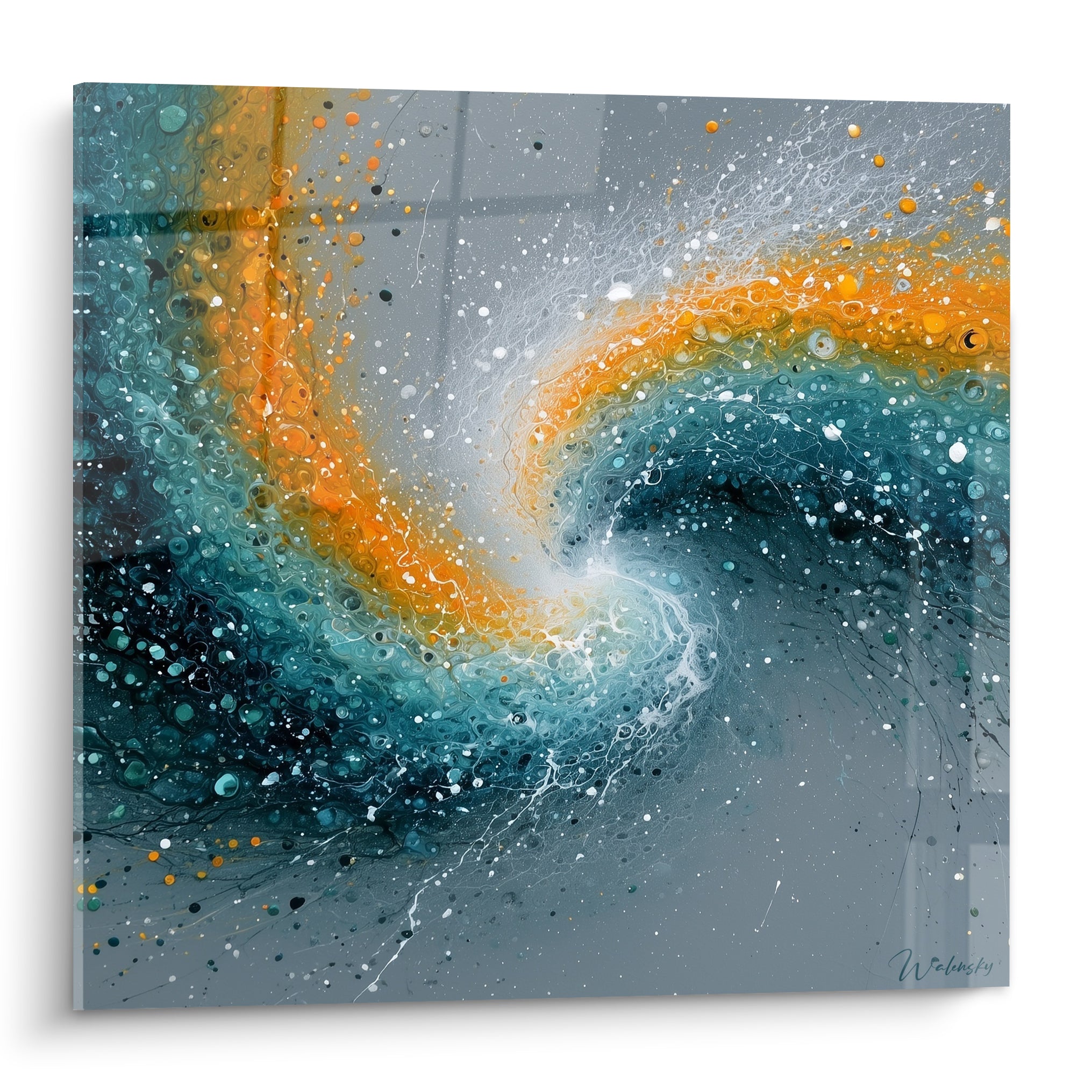 Spirale galactique orange et bleu sarcelle en tourbillon cosmique sur fond gris anthracite