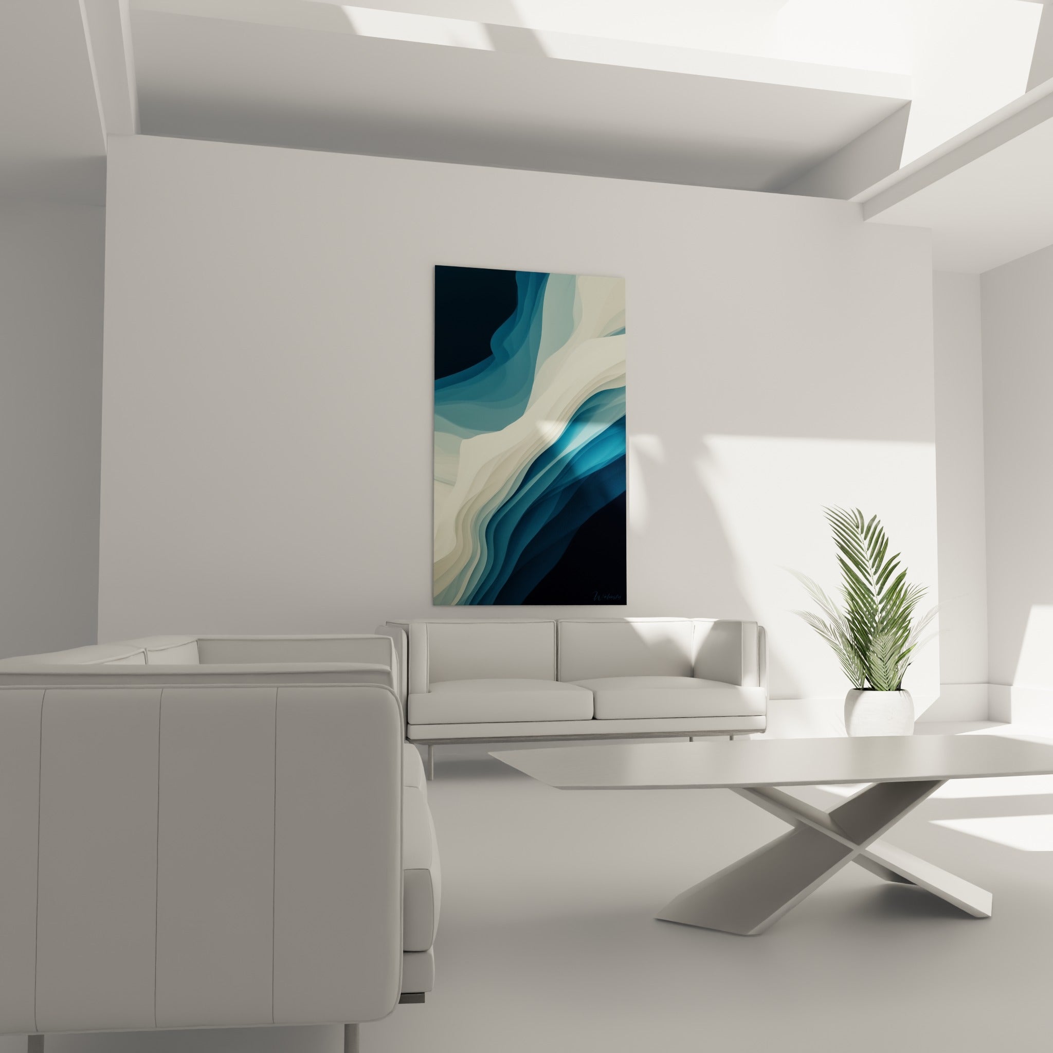 Strates translucides ivoire et bleu ardoise disposées au-dessus d'un canapé dans un salon lumineux