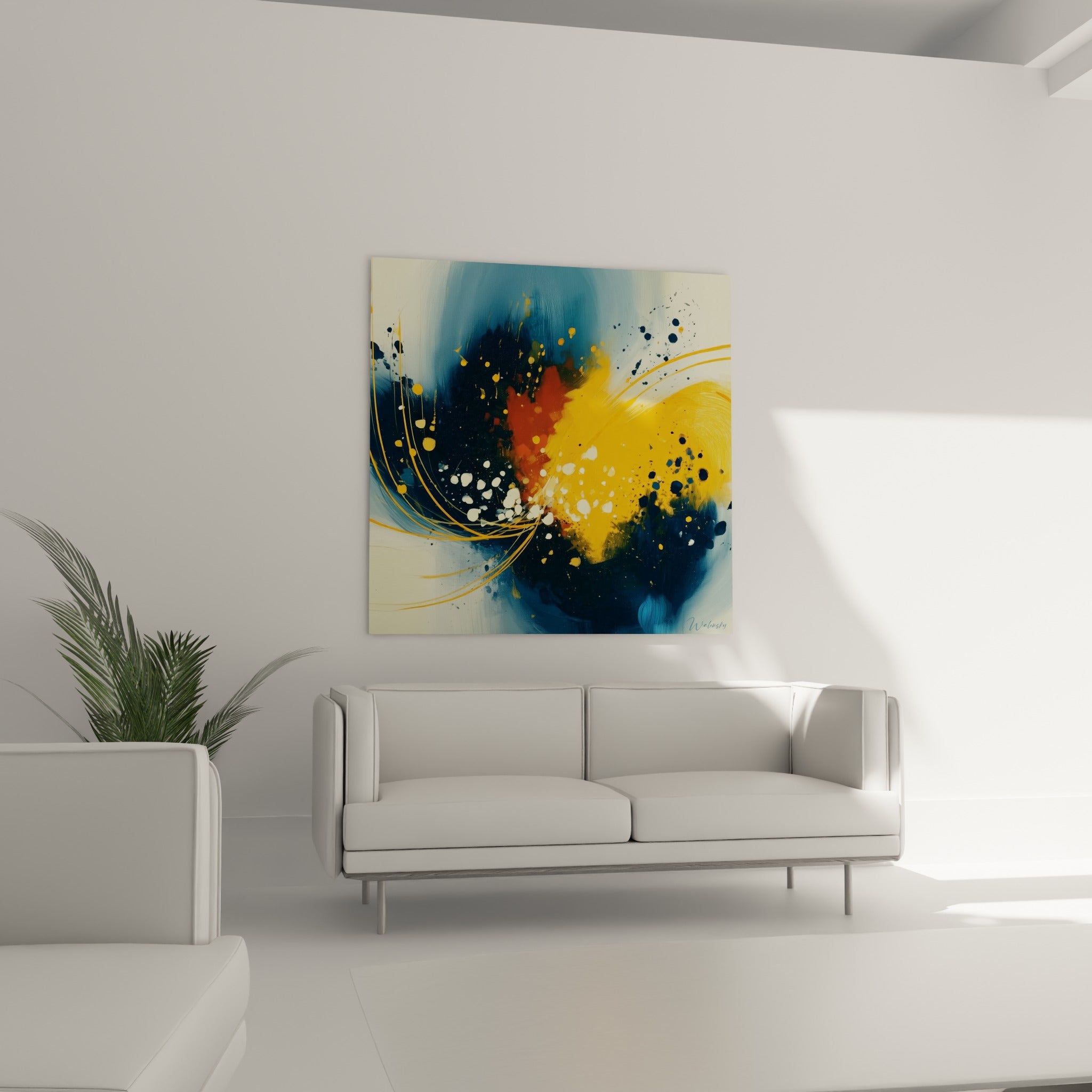 Traces jaunes et taches blanches sur fond anthracite composent ce tableau abstrait au-dessus d'un canapé dans un salon lumineux