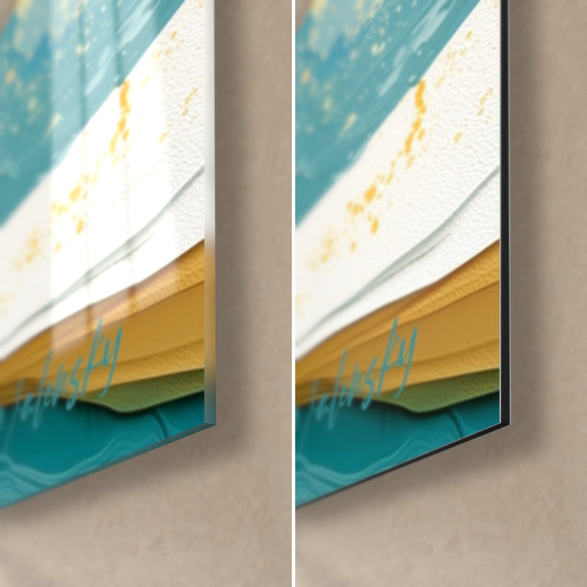 Tableau grotte turquoise et dorée, coin bas droit : verre acrylique brillant et reflets à gauche, Dibond blanc mat et tranche de 3 mm à droite