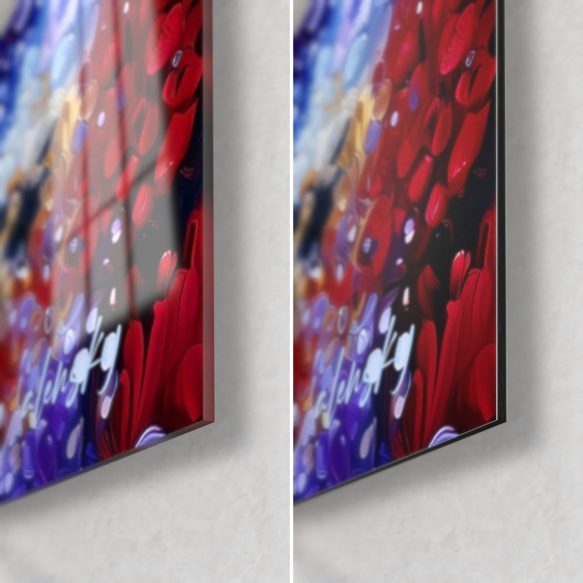 Wall art fairytale forest with red and purple petals, lower right corner: glossy acrylic glass on the left, matte Dibond on the right