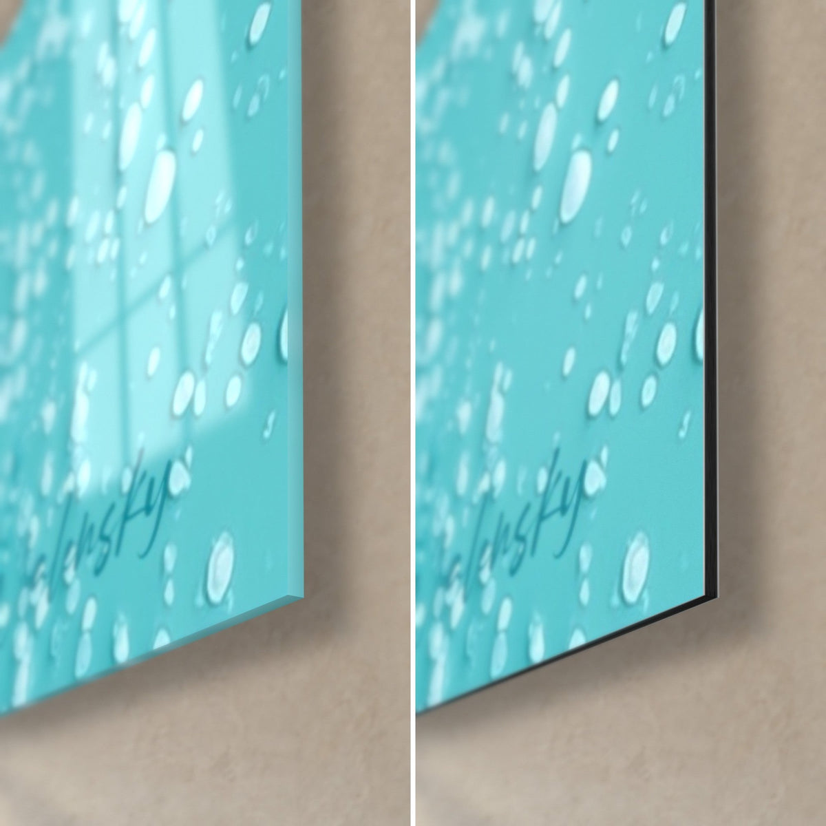 Tableau déferlante turquoise et blanche, coin bas droit : verre acrylique brillant à gauche, alu Dibond mat à droite