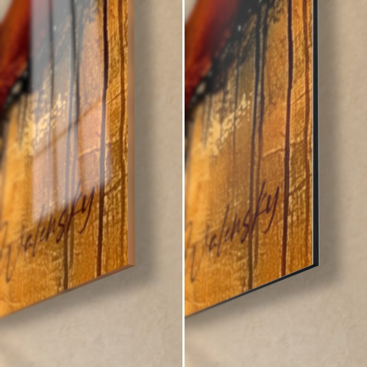 Tableau ruban orange et anthracite, coin bas droit : verre acrylique brillant à gauche, alu Dibond mat à droite, coulures noires