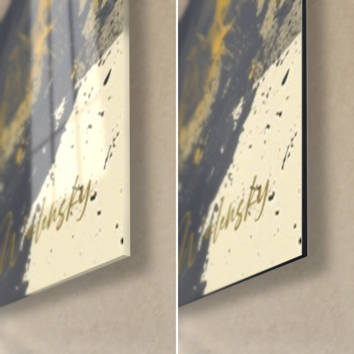 Tableau cercle noir sur jaune moutarde, coin bas droit : verre acrylique brillant à gauche, alu Dibond crème mat à droite, tranche noire de 3 mm