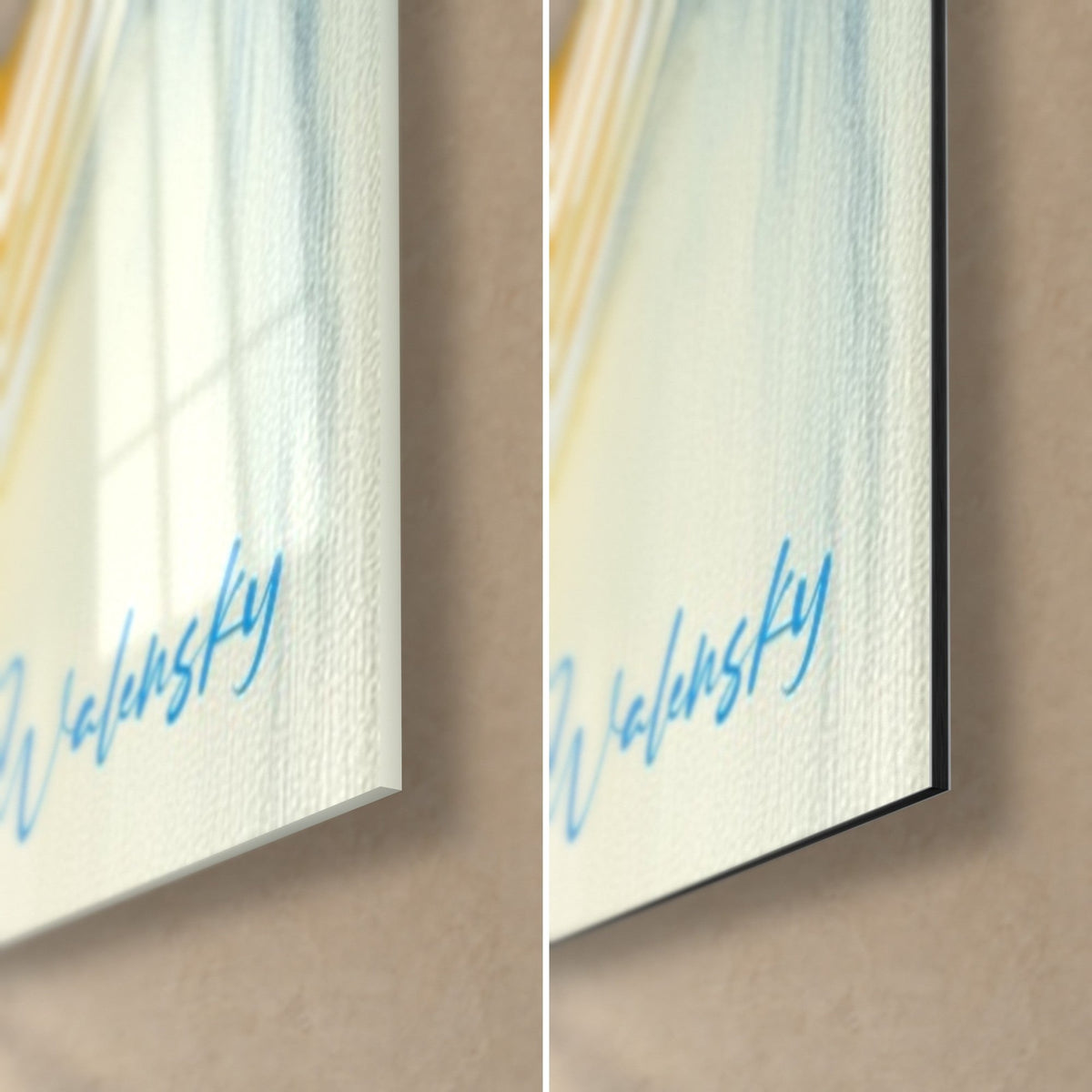 Wall art ochre and navy blue spiral, bottom right corner, sky blue signature, glossy glass and matte Dibond, 3 mm edge