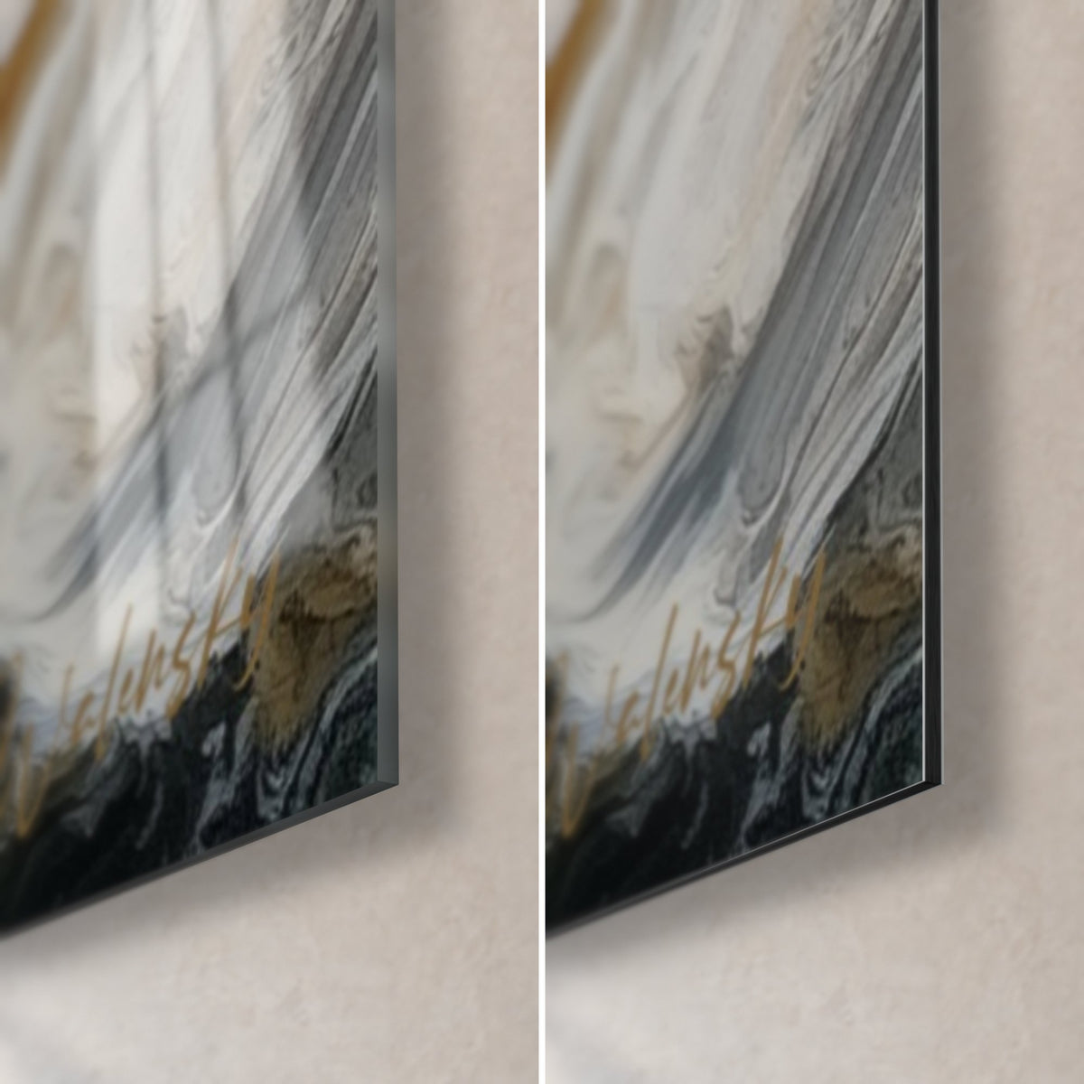 Gemälde mit schwarzen und goldenen Wellen, untere rechte Ecke: glänzendes Acrylglas mit Reflexen, matt weißes Alu-Dibond, 3 mm Stärke