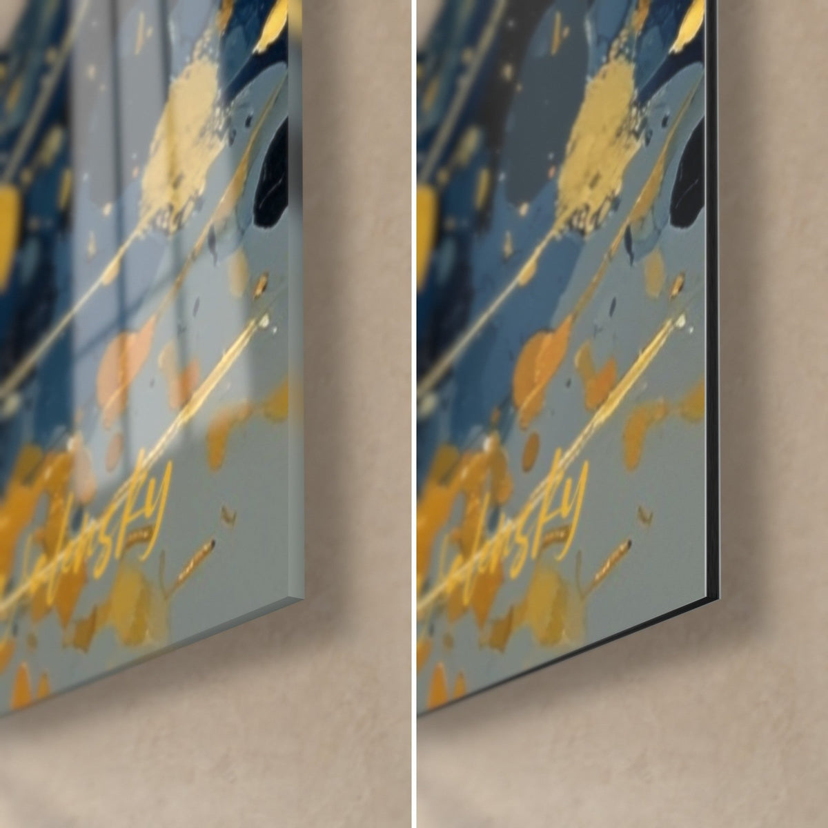 Cuadro ballet de esferas doradas, esquina inferior derecha de cristal brillante con reflejos y Dibond de aluminio mate, grosor de 3 mm, azul y oro