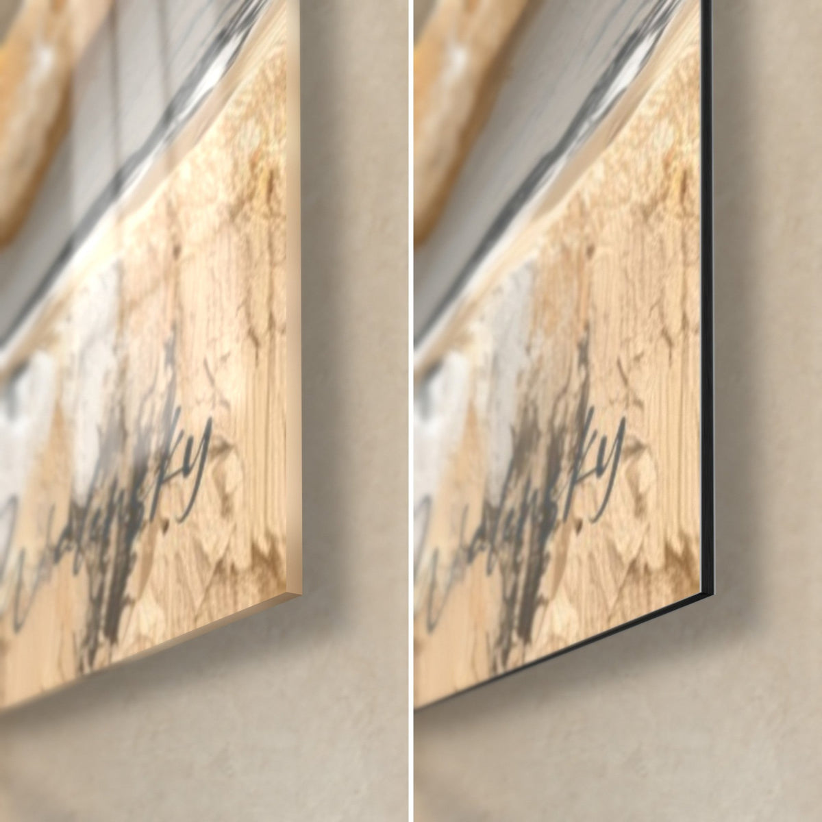Tableau roche dorée aux touches blanches et anthracite, coin bas droit en verre brillant et Dibond mat, tranche de 3 mm