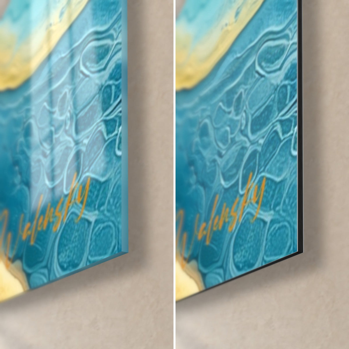 Tableau ondes liquides turquoise à bulles et filet doré, coin bas droit : verre brillant reflets, Dibond noir mat