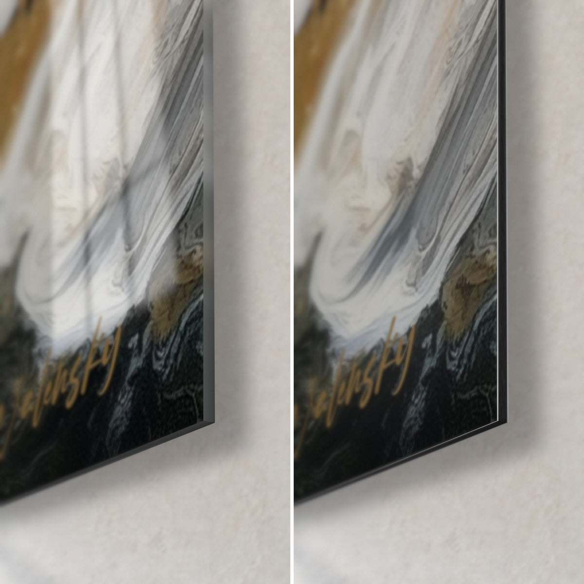 Tableau vague dorée et noire, coin bas droit : à gauche verre acrylique brillant et reflets, à droite alu Dibond mat, tranche 3 mm