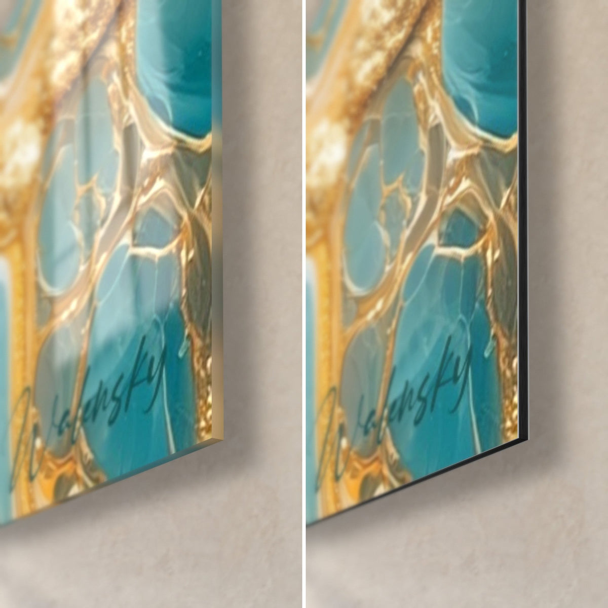 Tableau coupe de géode turquoise et or, coin bas droit : verre acrylique brillant à gauche, Dibond noir mat à droite, tranche 3 mm