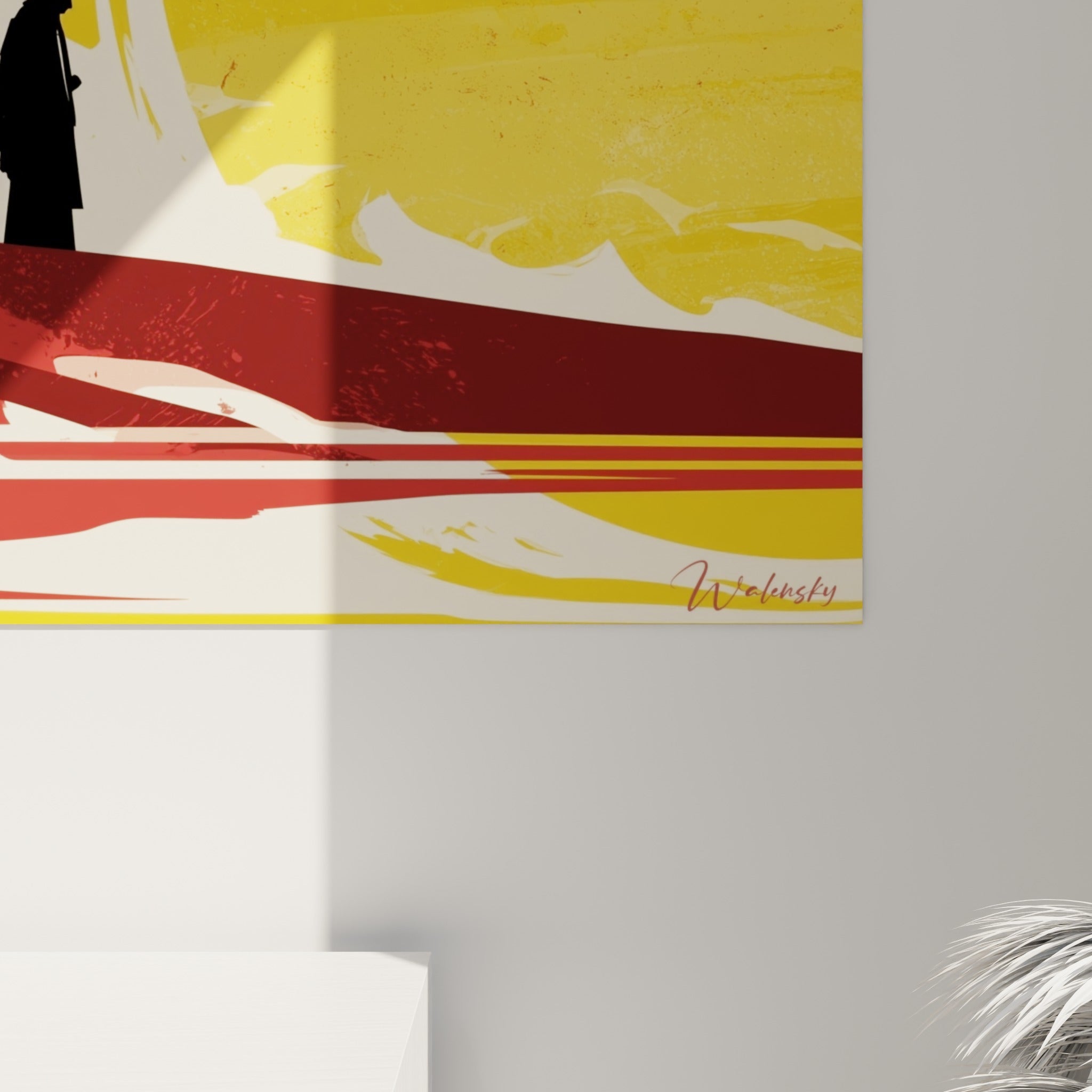 Empâtements et éclaboussures de peinture rouge et jaune visibles de près sur la toile du samouraï