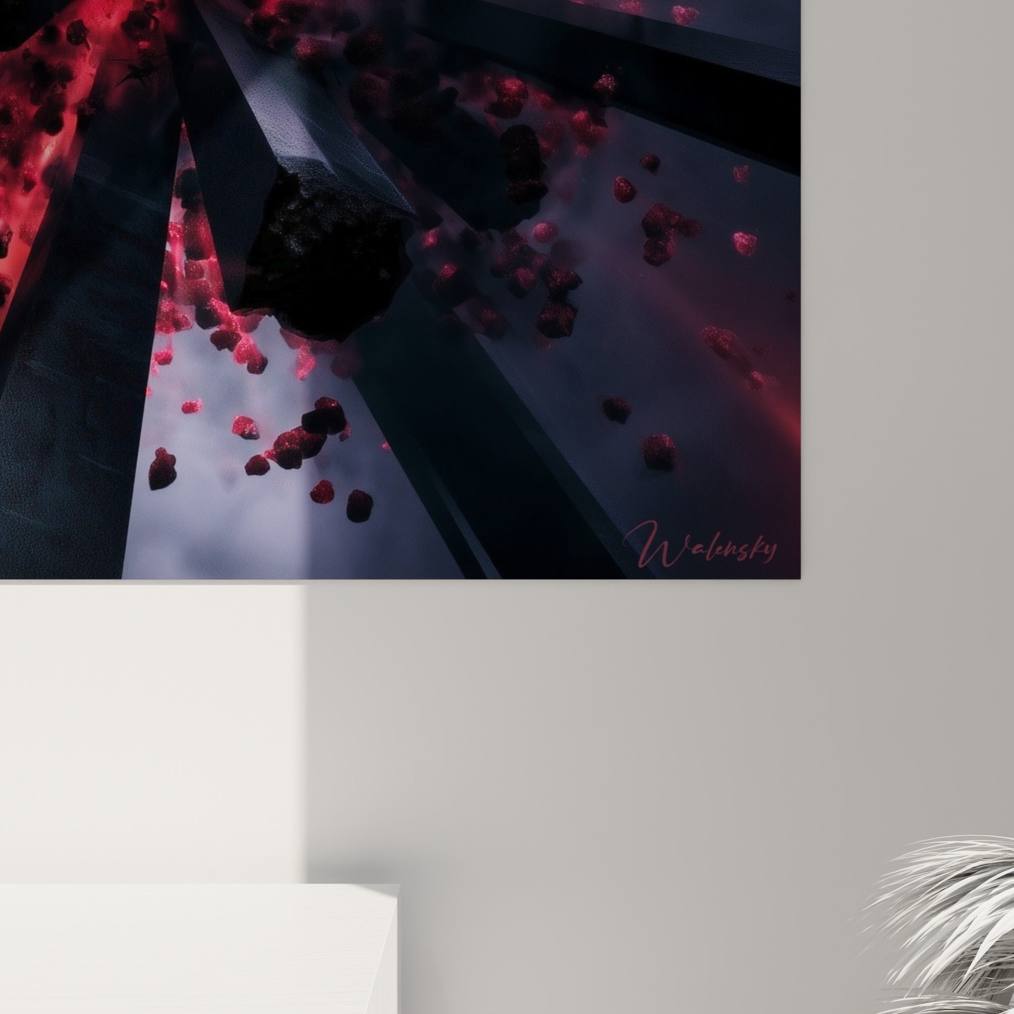 Grain et matière des éclats rouges et anthracite visibles de près, texture dense de l'impression artistique