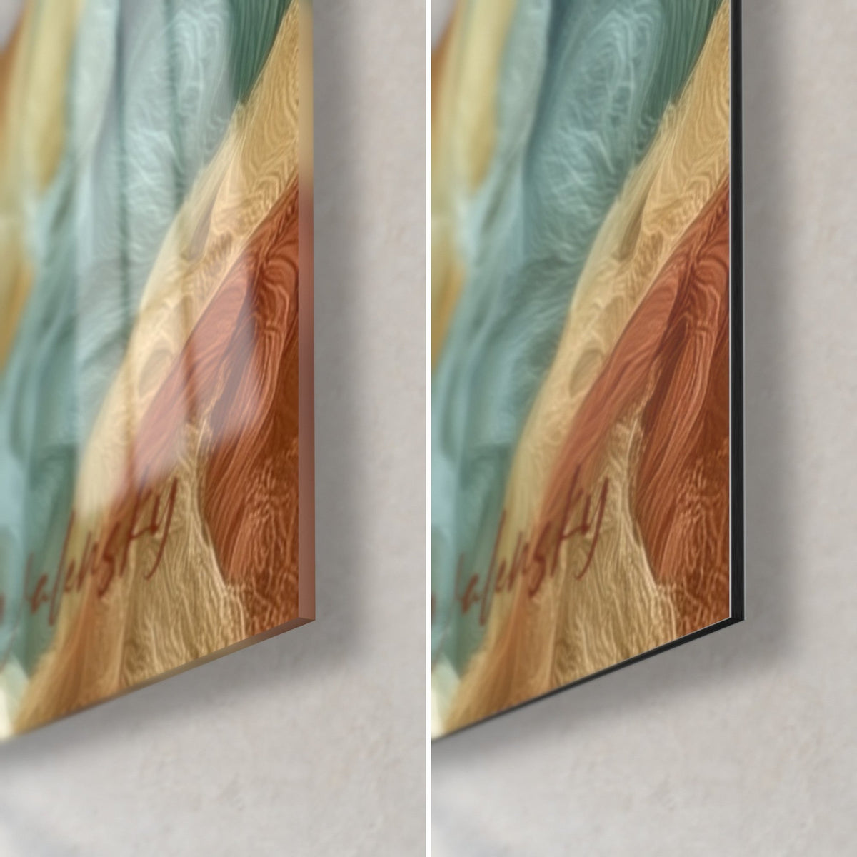 Quadro con una sfera dorata e volute corallo e blu, angolo in basso a destra: vetro acrilico lucido a sinistra, Dibond opaco a destra