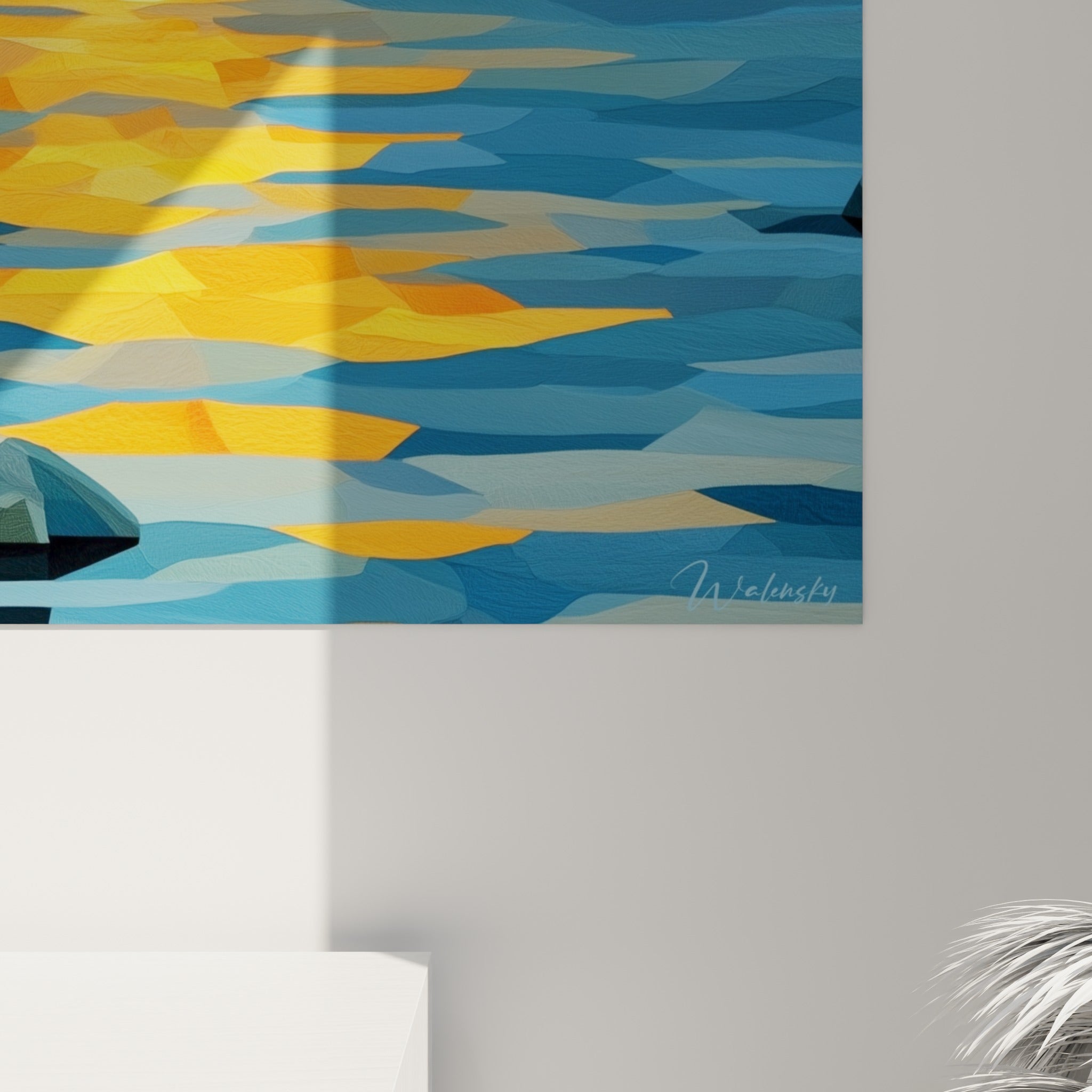 Empâtements orangés et bleu marine sur toile texturée montrant le grain de la peinture abstraite