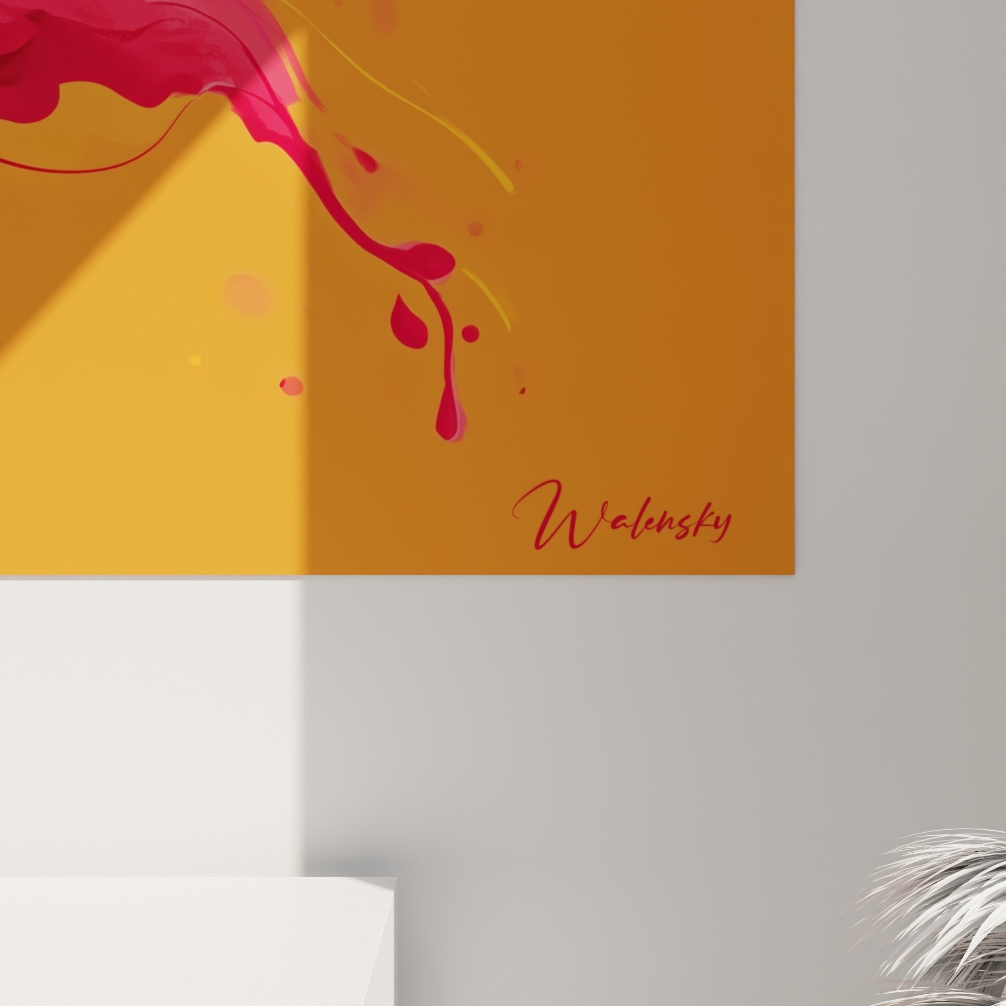 Détail des empâtements pourpres et coulures orangées, matière picturale visible de près sur la toile