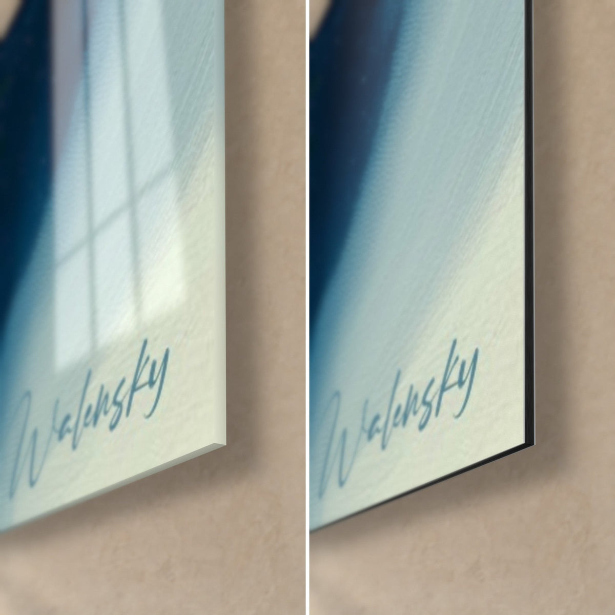 Tableau abstrait bleu pétrole et crème, signature Walensky, coin bas droit en verre brillant et alu Dibond mat, tranche 3 mm