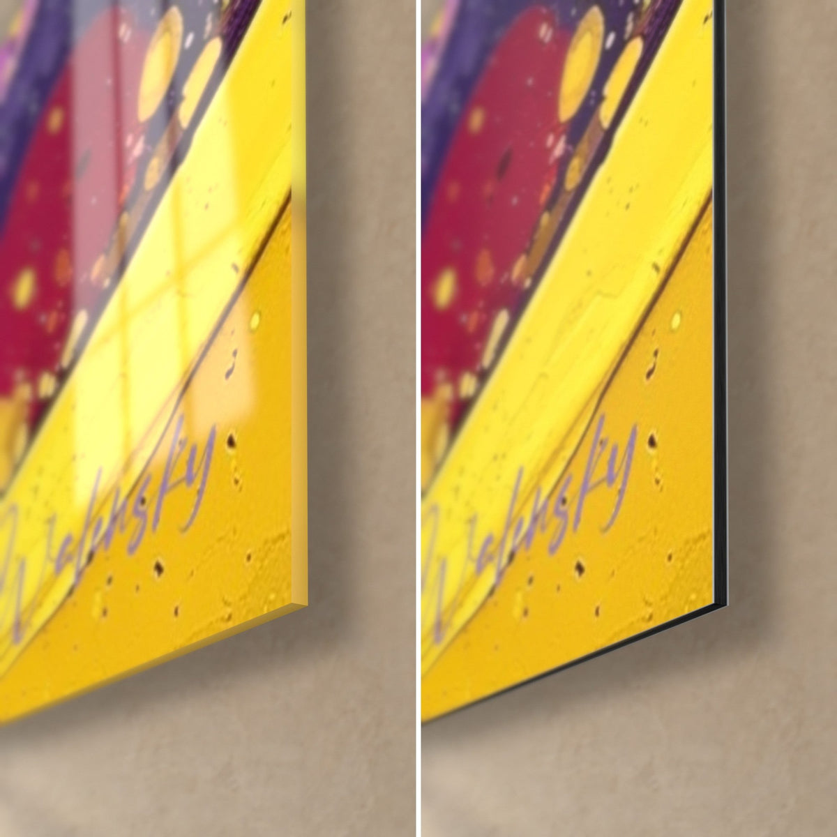Cuadro esferas en ballet, rincón amarillo limón y magenta en cristal brillante, Dibond mate a la derecha, canto negro de 3 mm