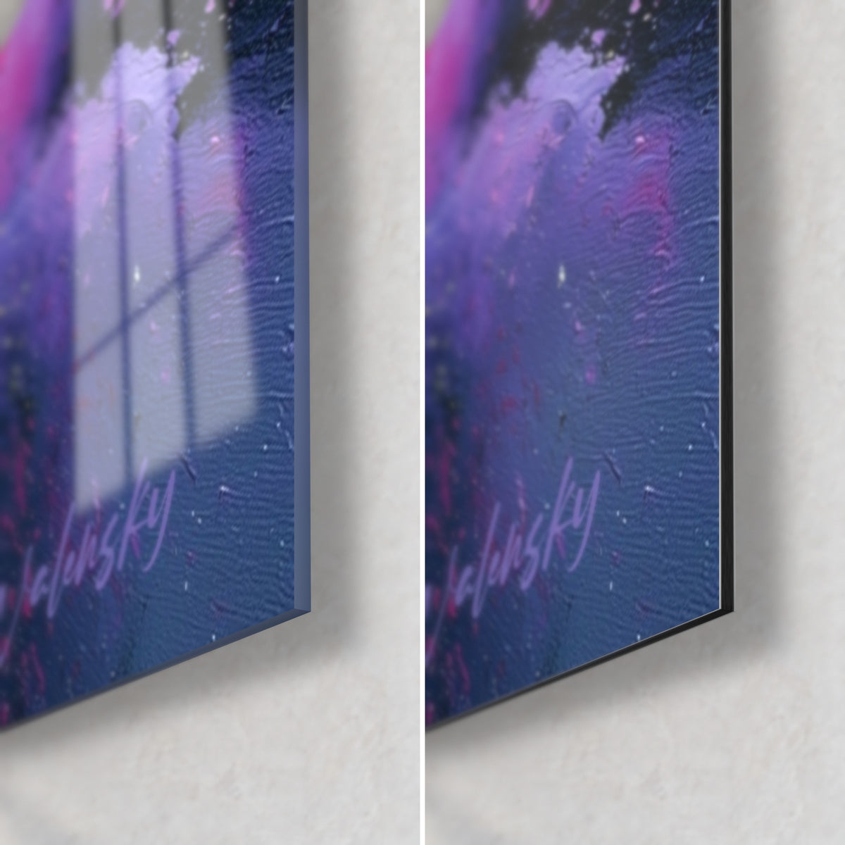 Wall art violet and pink spark sky, bottom right corner: glossy acrylic glass on the left, matte Dibond on the right, 3 mm edge
