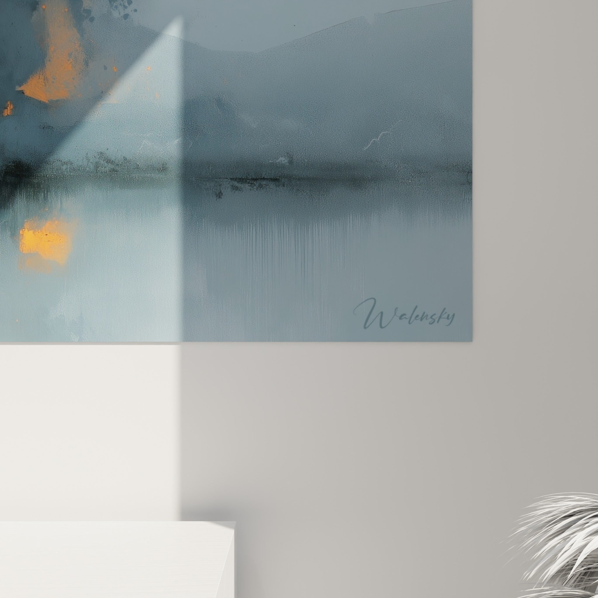 Empâtements orange et gris se mêlant en coulures sur la toile, révélant la texture picturale du tableau