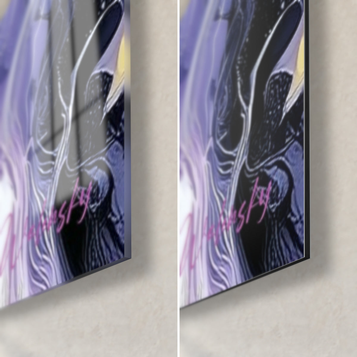 Wall art with black and lavender cells, bottom right corner: glossy acrylic glass on the left, matte Dibond aluminium on the right