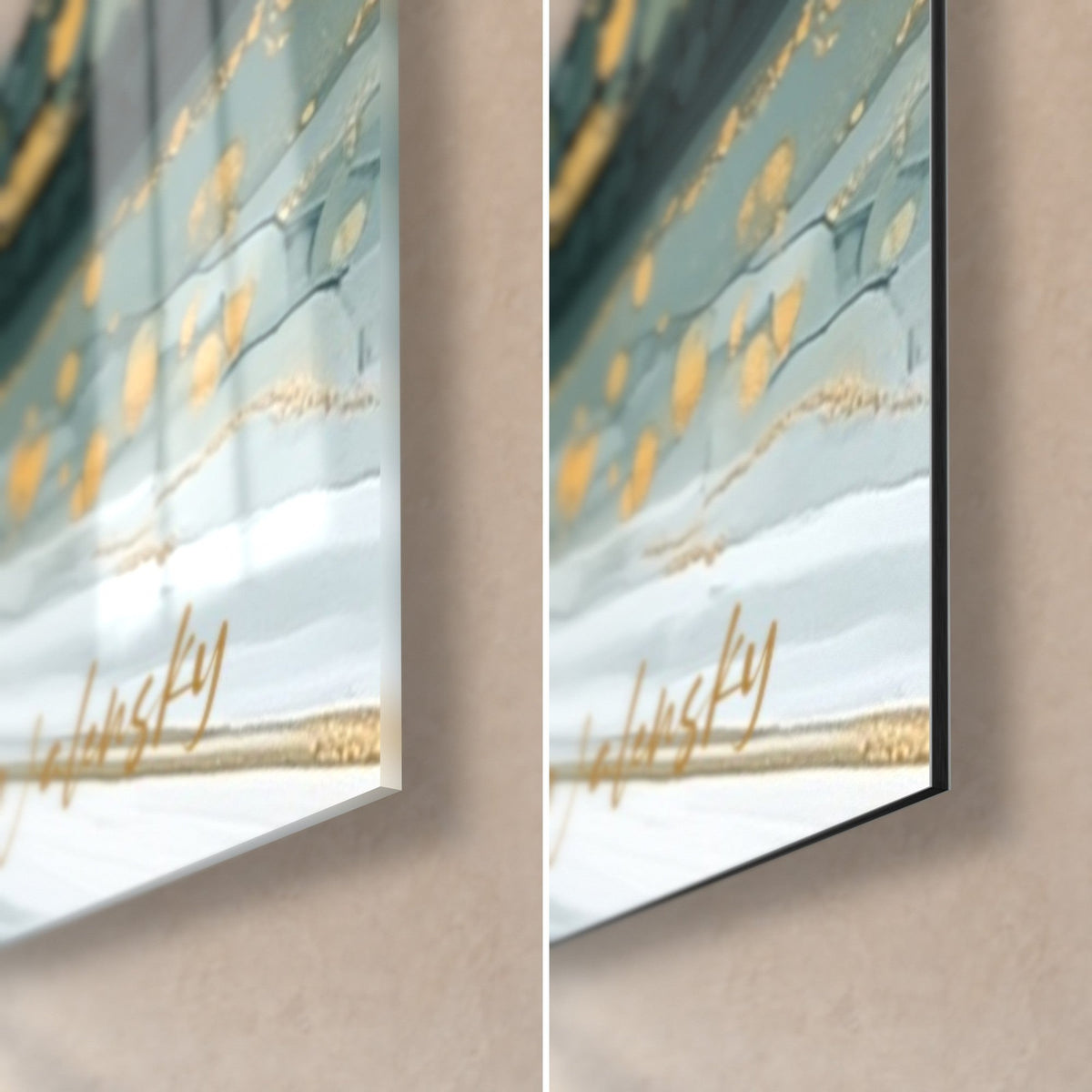 Tableau paysage abstrait, coin bas droit : coulures blanches et filet doré, verre acrylique brillant et alu Dibond mat, tranche de 3 mm