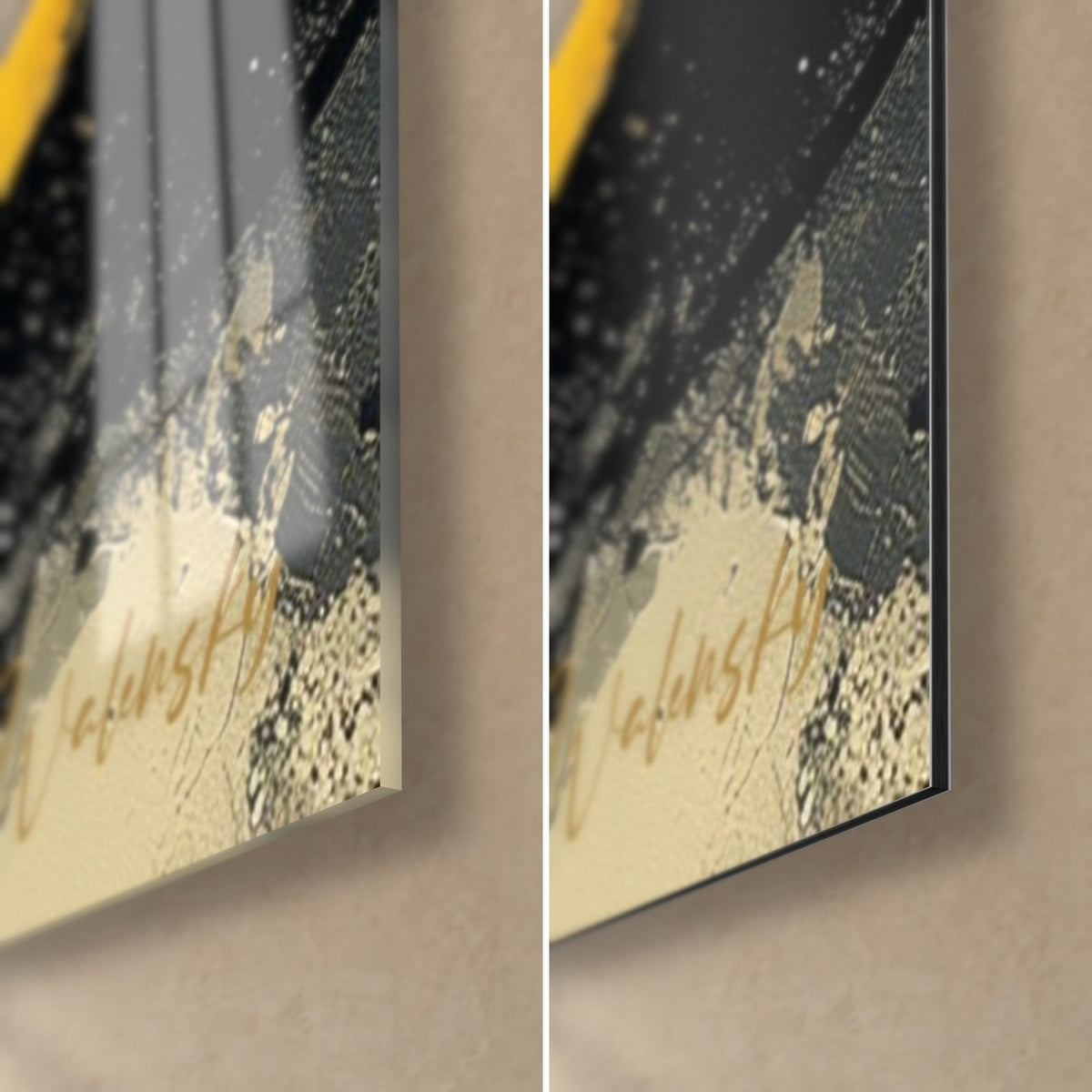 Tableau souffle de tempête jaune et noir, coin bas droit : verre acrylique brillant à reflets, alu Dibond mat et tranche fine de 3 mm