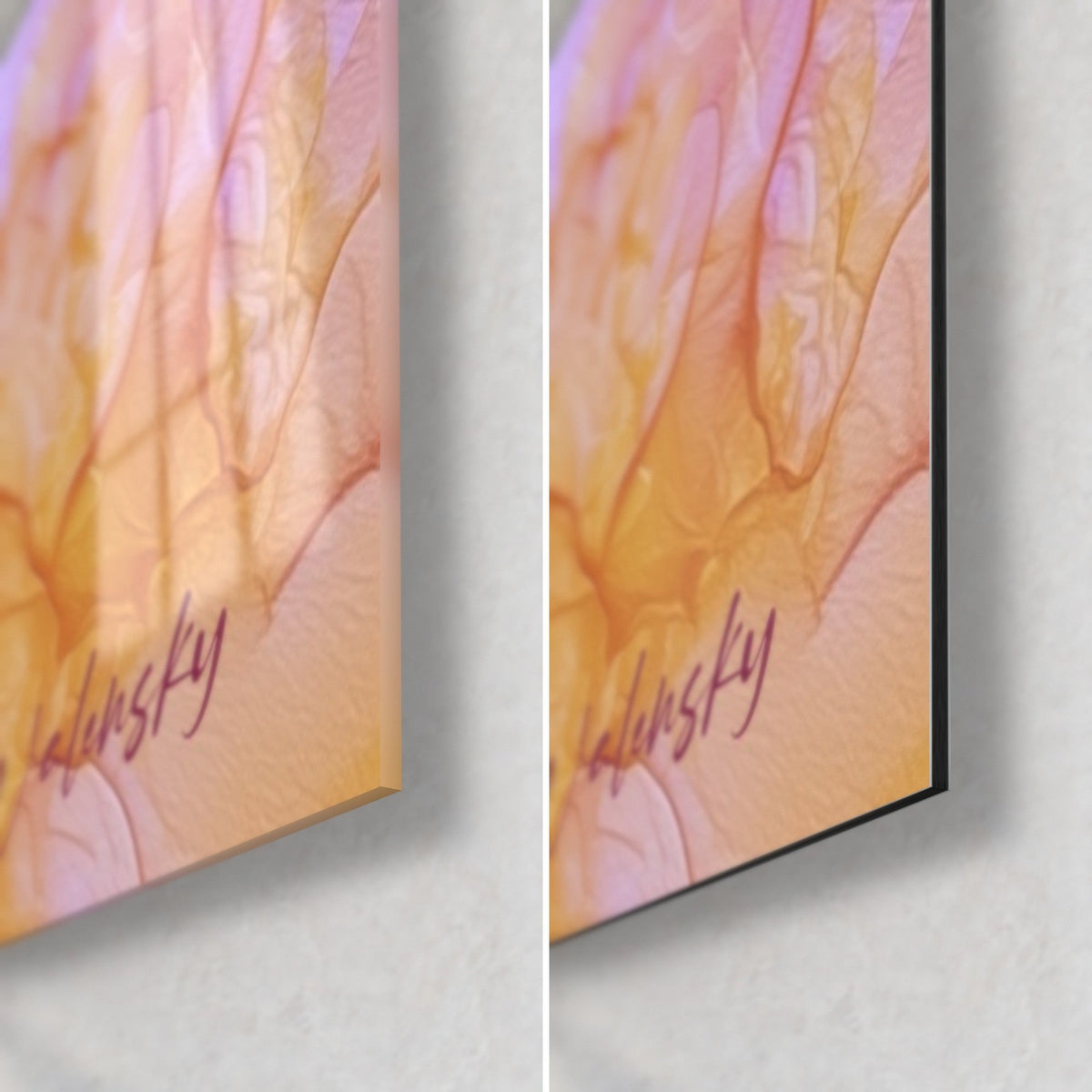 Tableau encre abstraite orange et rose, signature Walensky : coin en verre brillant à gauche, Dibond mat noir à droite