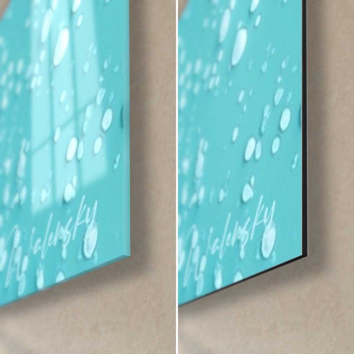 Tableau déferlante turquoise, coin bas droit : verre acrylique brillant à gauche, Dibond mat noir à droite, tranche de 3 mm