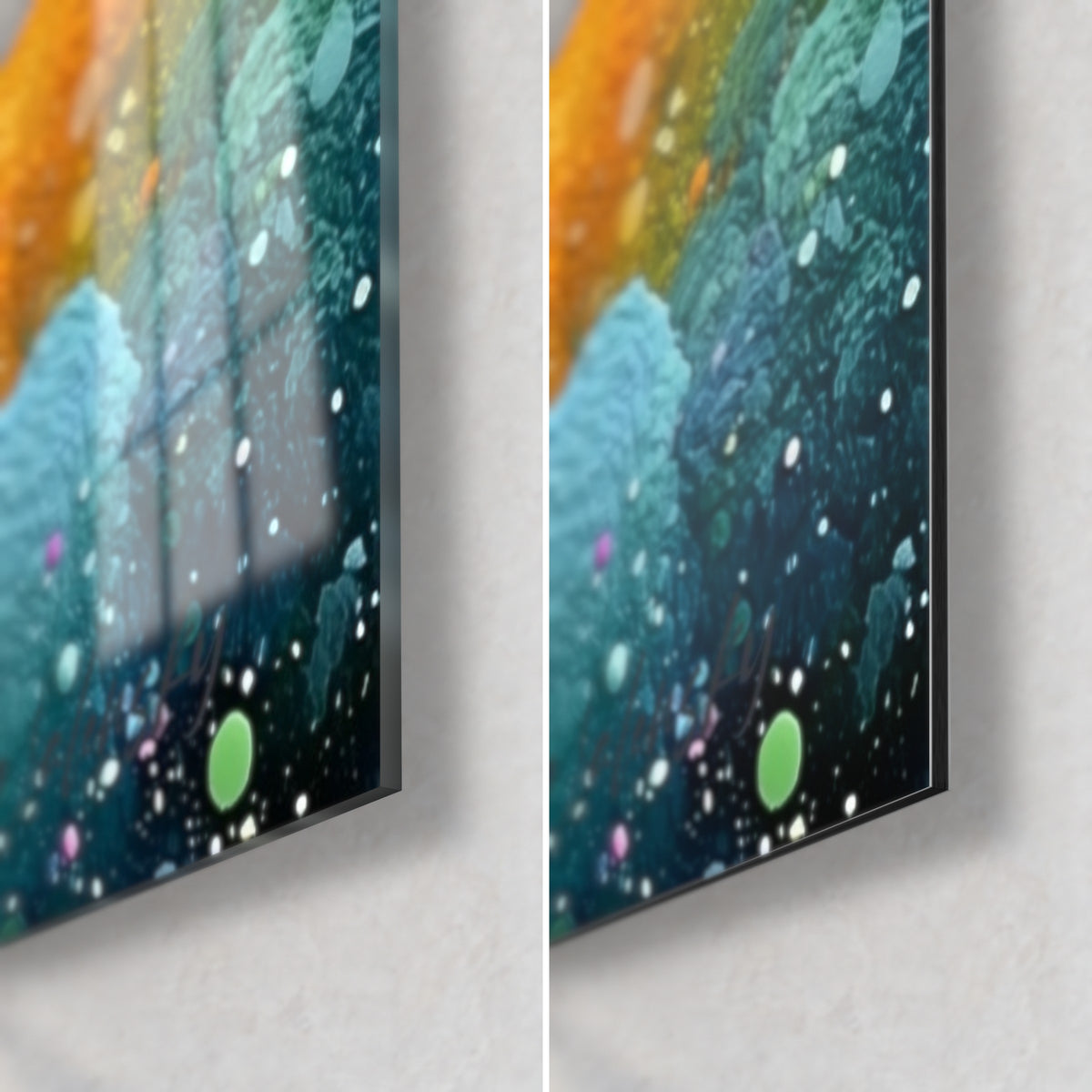 Quadro polvere di stelle turchese e viola, angolo in basso a destra, sfera verde e bordo di 3 mm, vetro lucido e Dibond opaco
