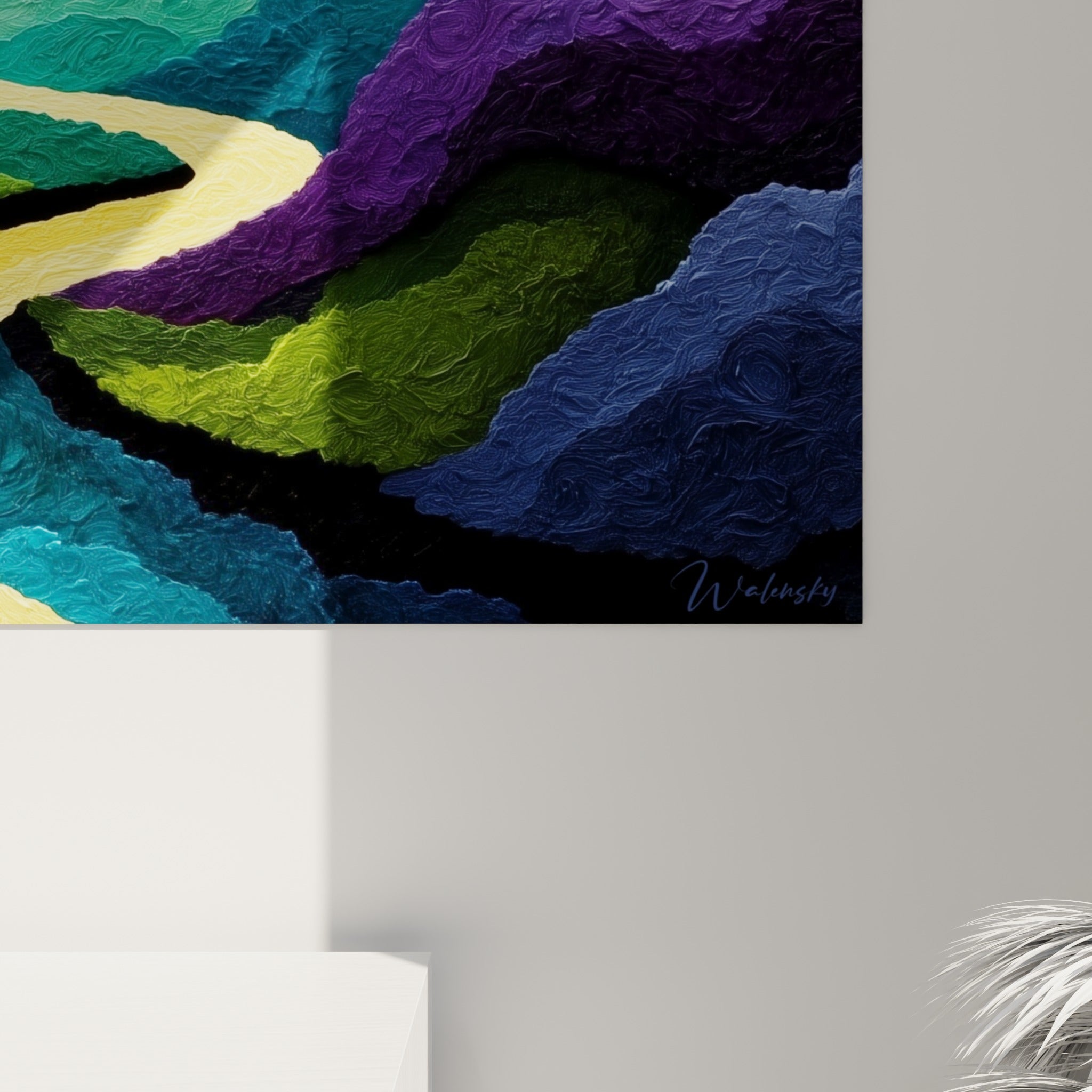 Empâtements épais mêlant turquoise, orangé et violet profond, détail de la matière peinte de ce tableau artistique abstrait