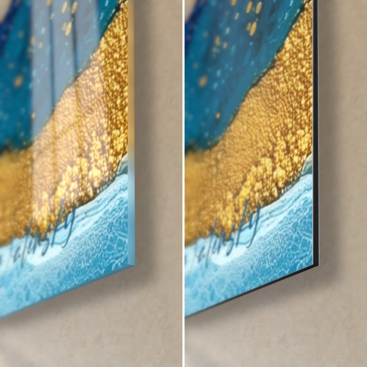Quadro di onde di colline in blu petrolio e oro luccicante, angolo in basso a destra: vetro lucido a sinistra, Dibond opaco, spessore 3 mm