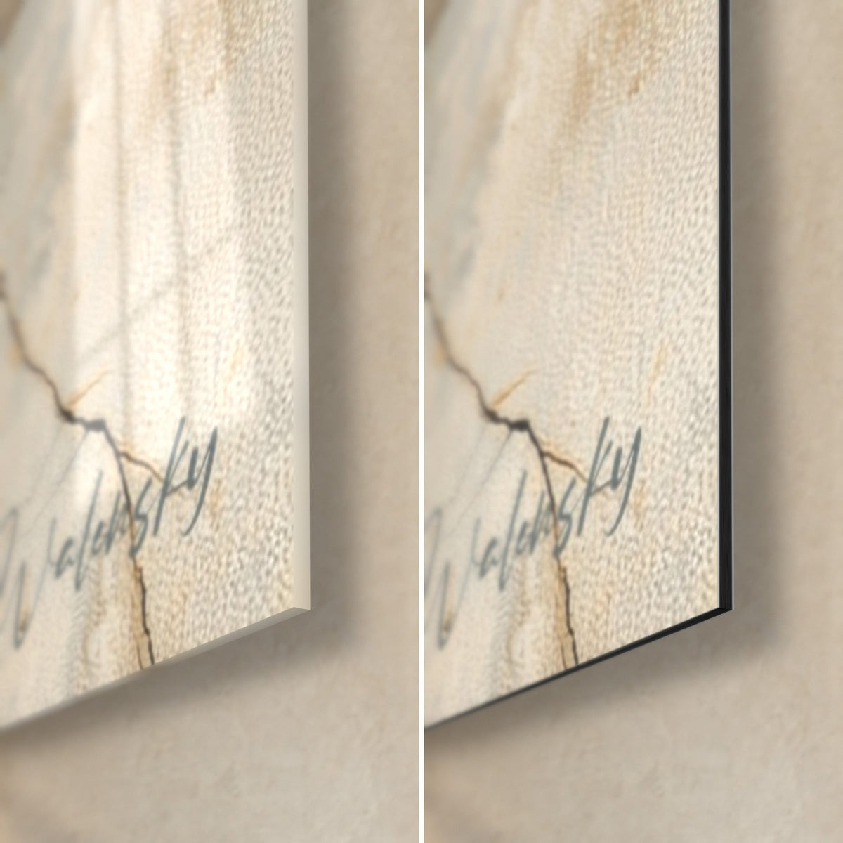 Tableau marbrure dorée, coin bas droit : verre acrylique brillant à gauche, alu Dibond mat à droite, tranche noire de 3 mm