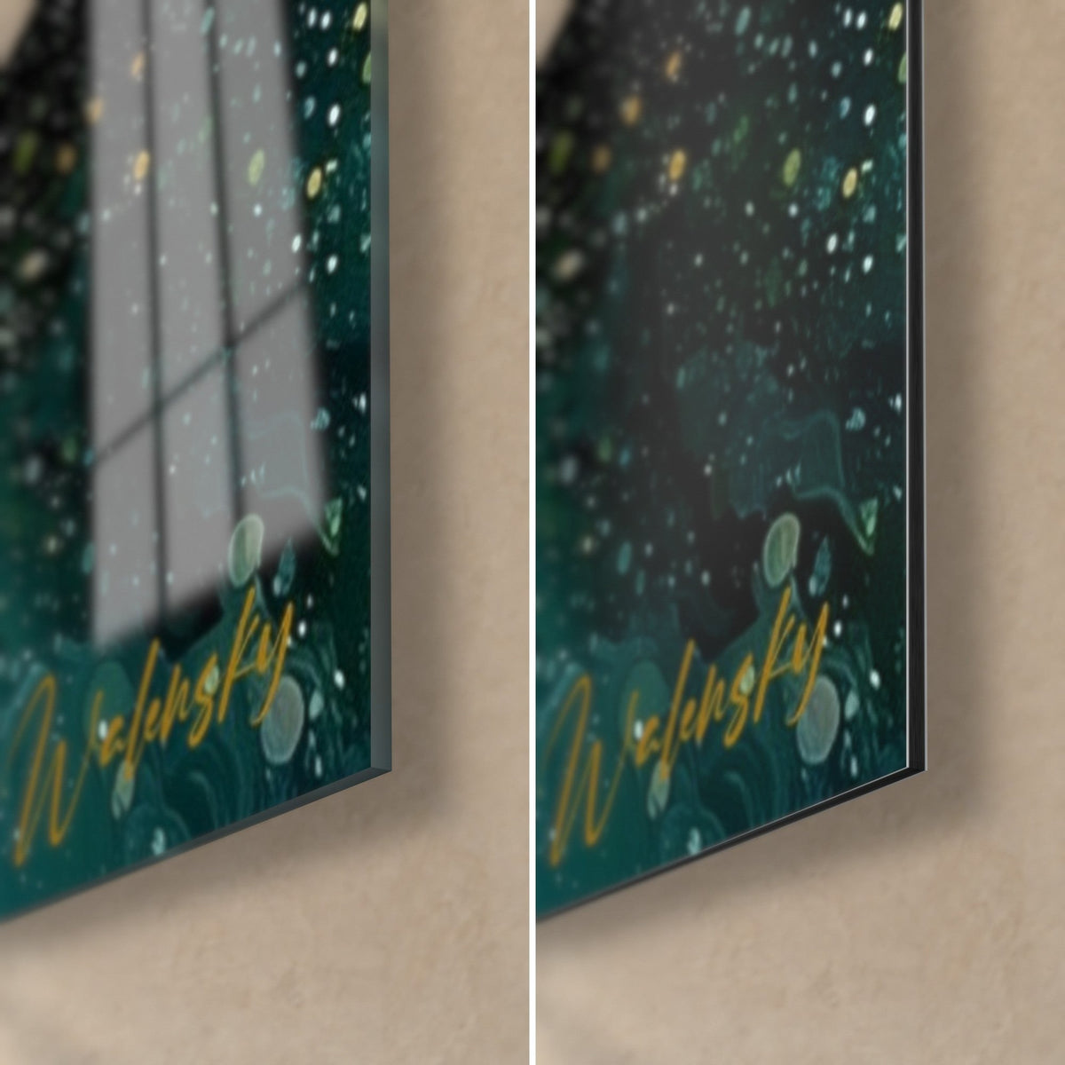 Gemälde Nebel in Violett und Gold, untere rechte Ecke: glänzendes Acrylglas mit Spiegelungen, mattes Dibond-Aluminium, 3 mm Kante