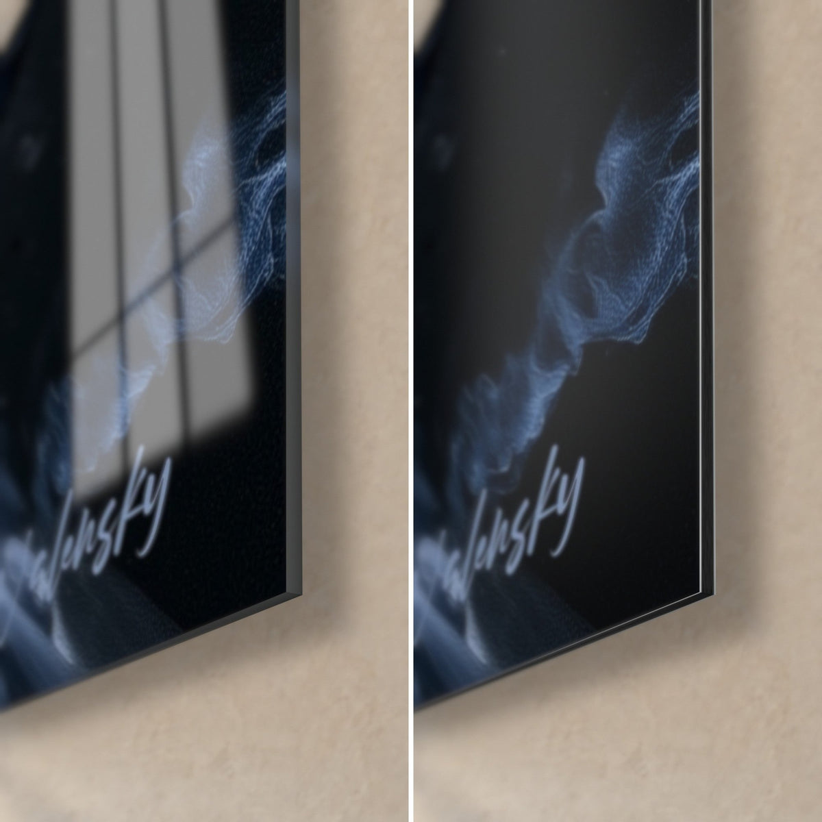 Quadro con fiore esplosivo rosso e blu navy, angolo in basso a destra: vetro acrilico lucido a sinistra, Dibond nero opaco a destra, bordo da 3 mm