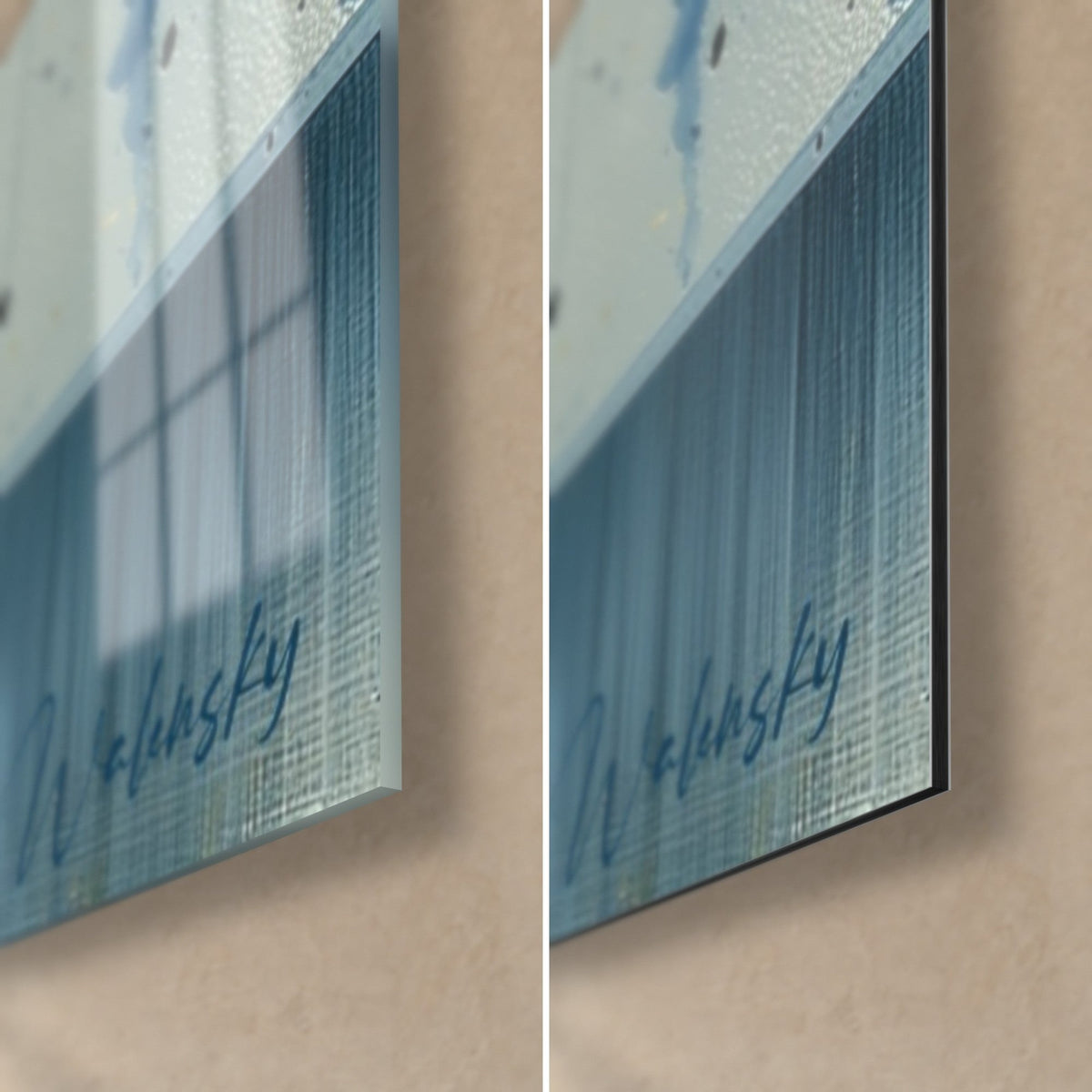 Wall art songbird in flight, bottom right corner, pale blue and grey: glossy acrylic glass on the left, matte Dibond, 3 mm edge