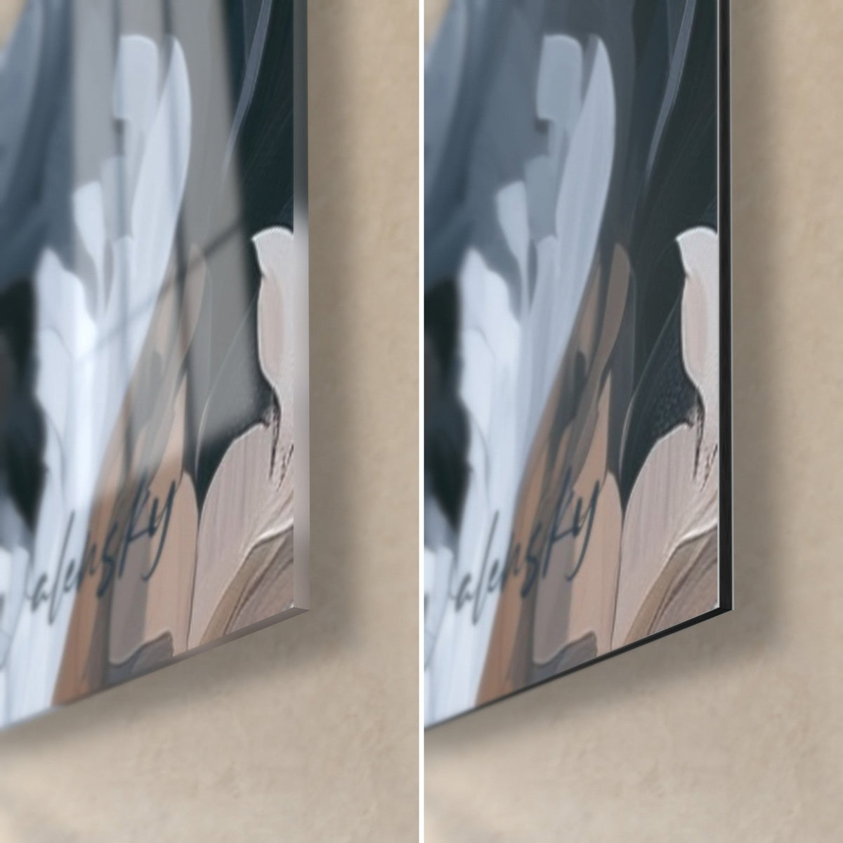 Tableau pétales blancs et gris ardoise, coin bas droit : verre acrylique brillant à gauche, alu Dibond mat à droite, tranche 3 mm