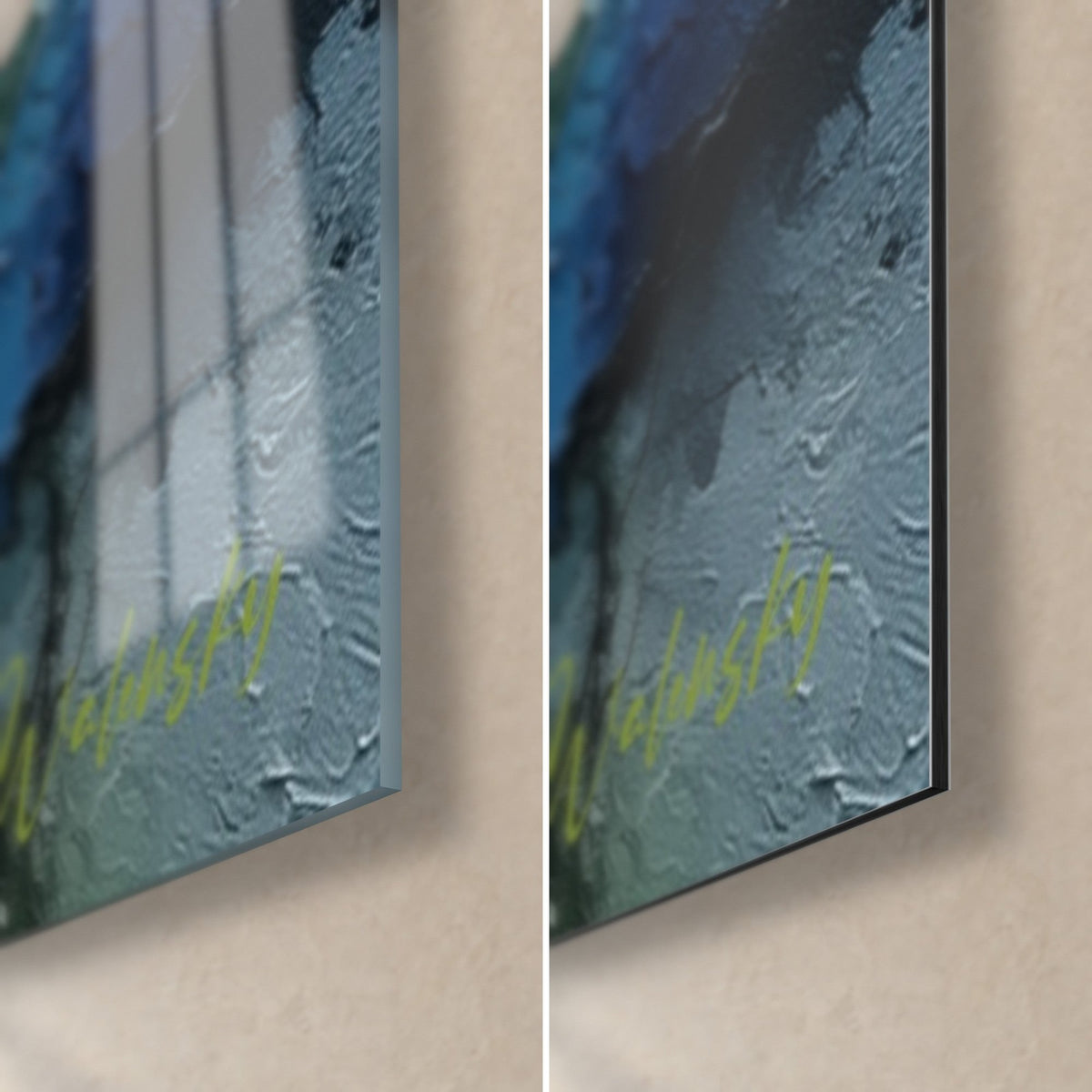 Tableau cimes d'arbres bleu pétrole et vert mousse, coin bas droit, verre brillant à gauche, Dibond mat à droite
