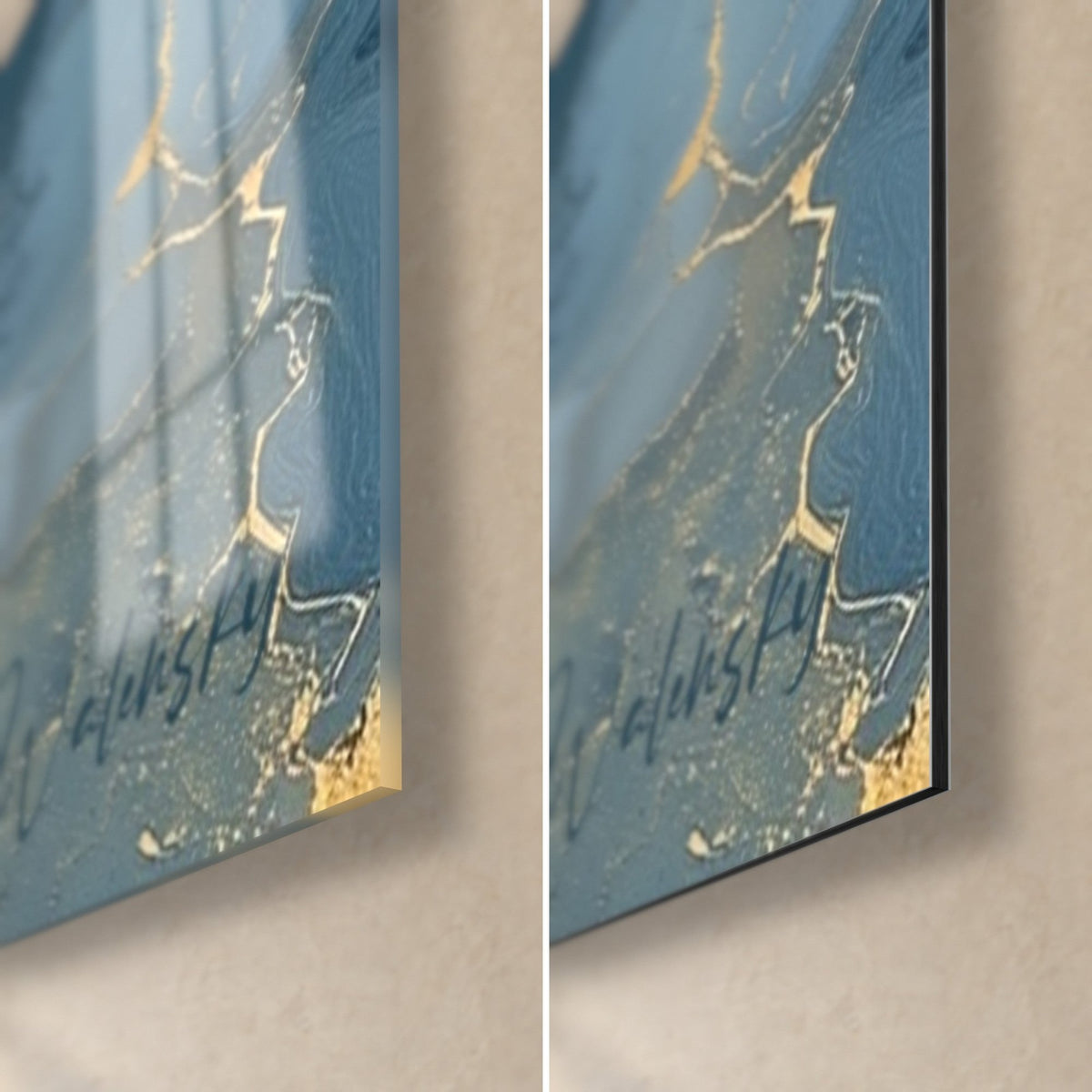 Tableau canyon doré, coin bas droit : bleu translucide brillant en verre acrylique, noir mat en Dibond, tranche de 3 mm