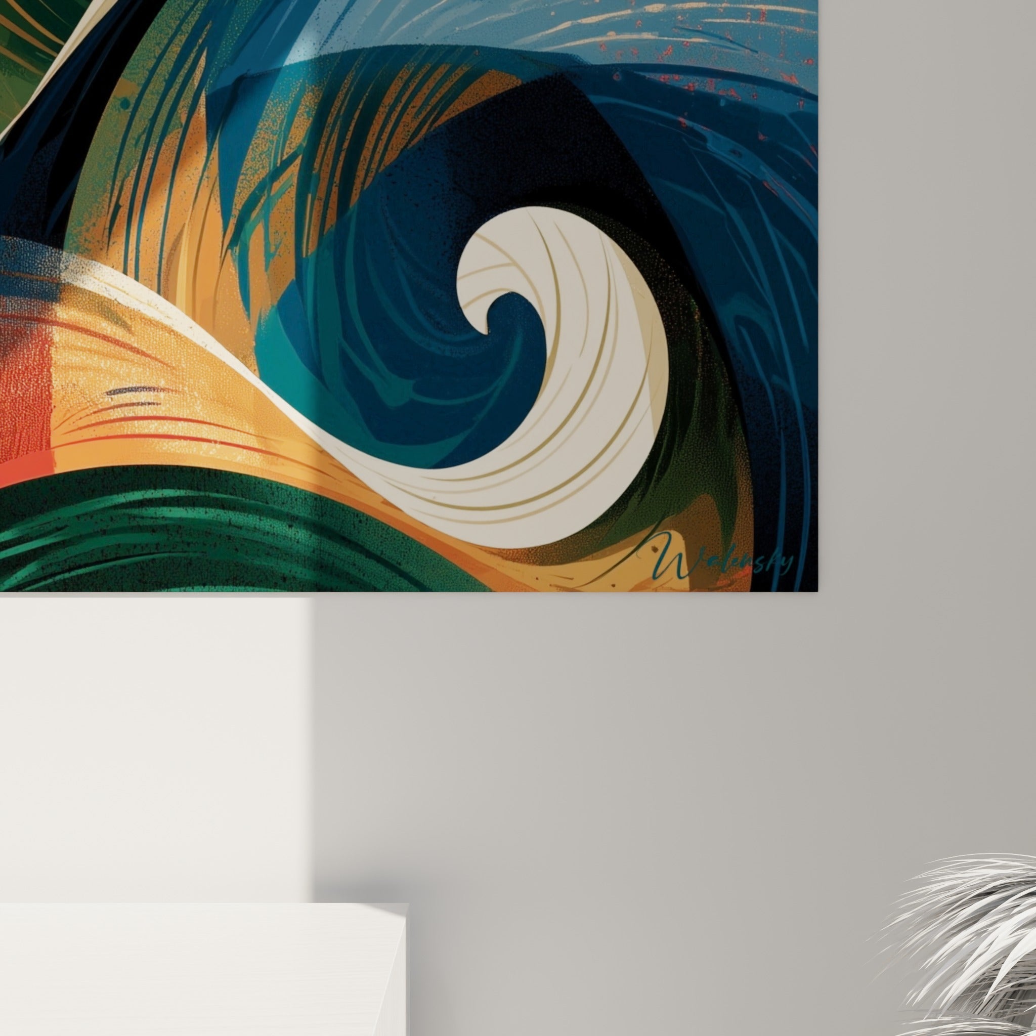 Détail des striures crème et empâtements bleu marine formant la vague centrale du tableau
