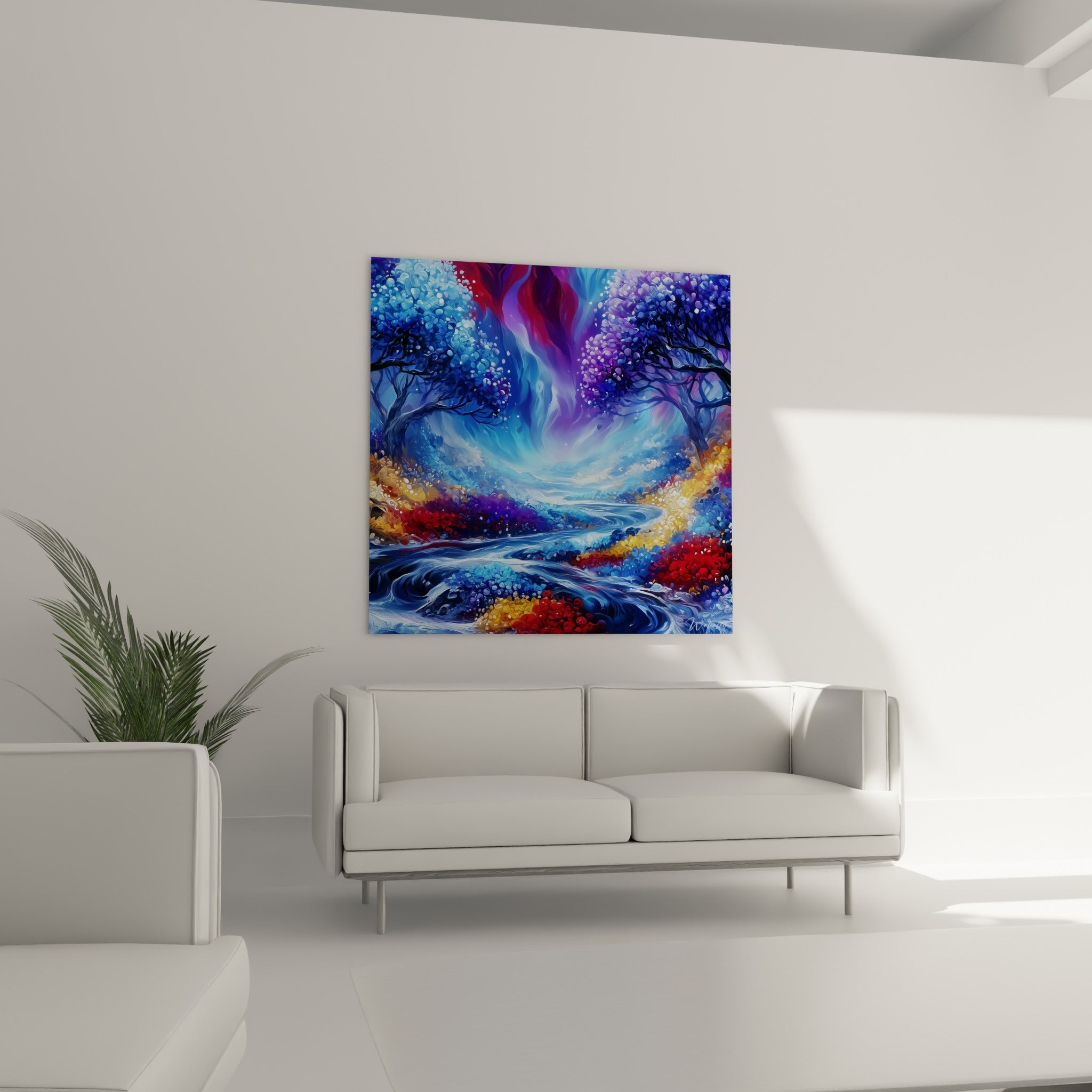 Torrent bleu nuit et doré bordé de massifs floraux rouges, au-dessus d'un canapé dans un salon lumineux